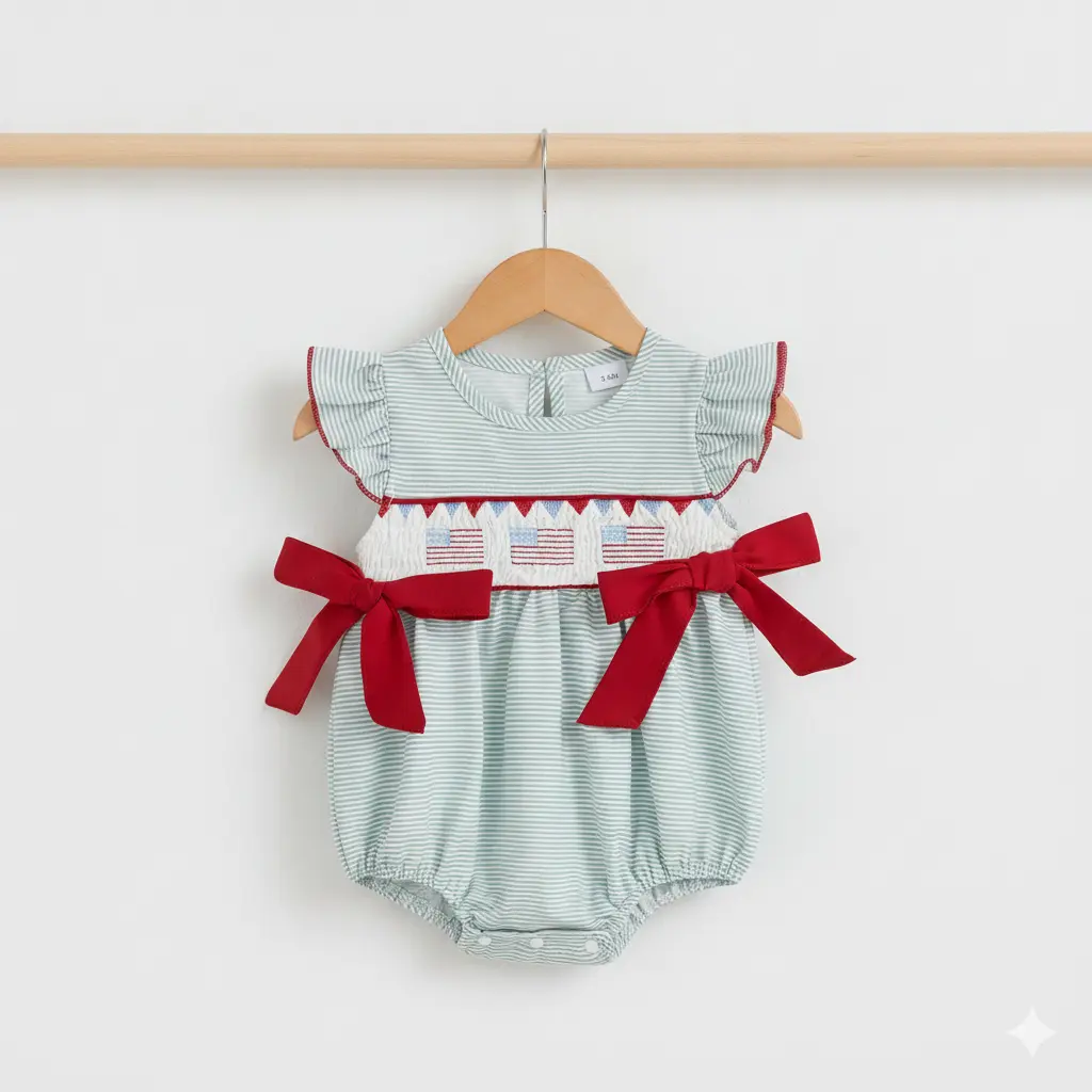 Baby Girl Romper with Red Bows, Smocked Striped Jumpsuit with American Flag Embroidery, Crew Neck, Ruffle Sleeves, 100% Polyester Baby Clothes Girl, Infant Toddler Clothes, 4Th Of July, Bodysuit Outfit, 18 - 24 Months, Flying Sleeve, 2 - 3 Years, Smocked,