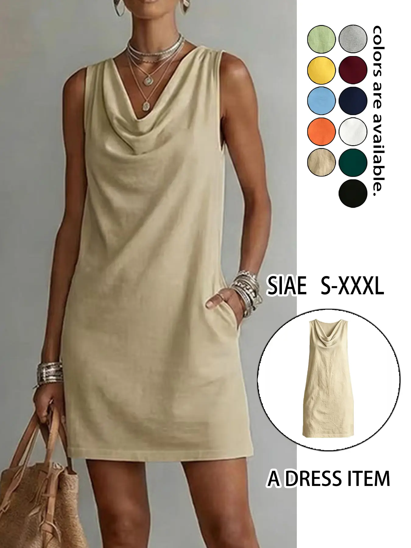 1pc Women Loose Straight Dress, Sleeveless Classic Cowl Neck Casual Dress, Figure-Flattering & Comfortable Daily Wear