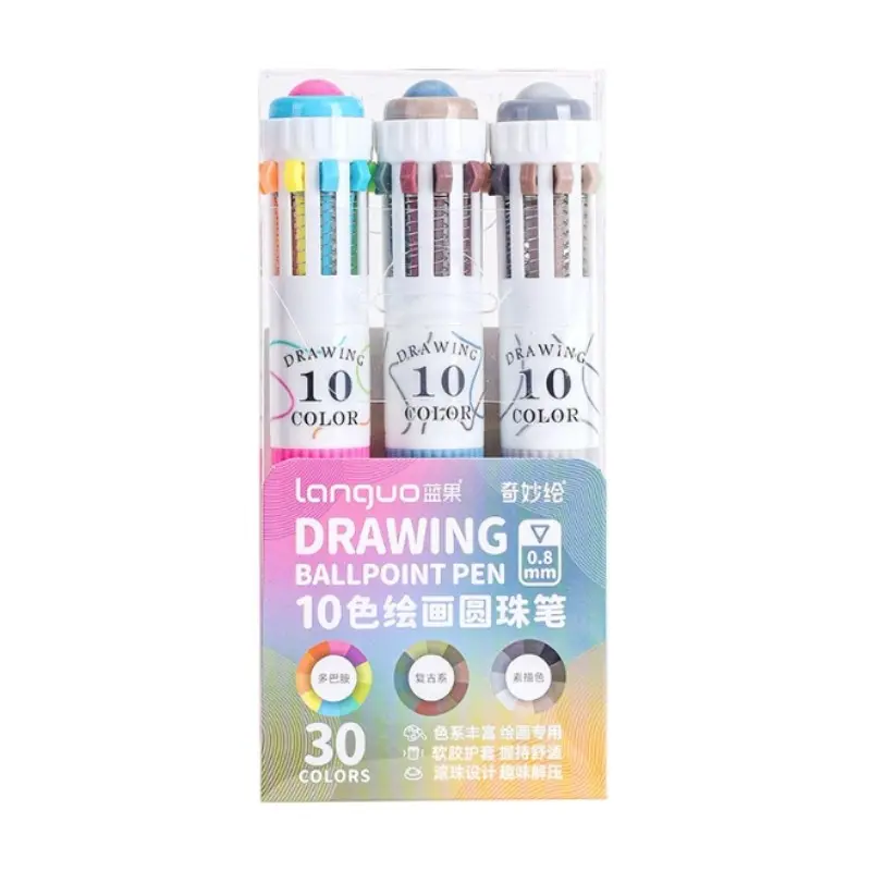 3pcs/Box Creative 10-in-1 Drawing Ballpoint Pen Set 30 Colors Multi-Function 0.8mm Clickable Overlay Colored Pens for Artistic Painting Sketching & Study Marking Stationery Supplies