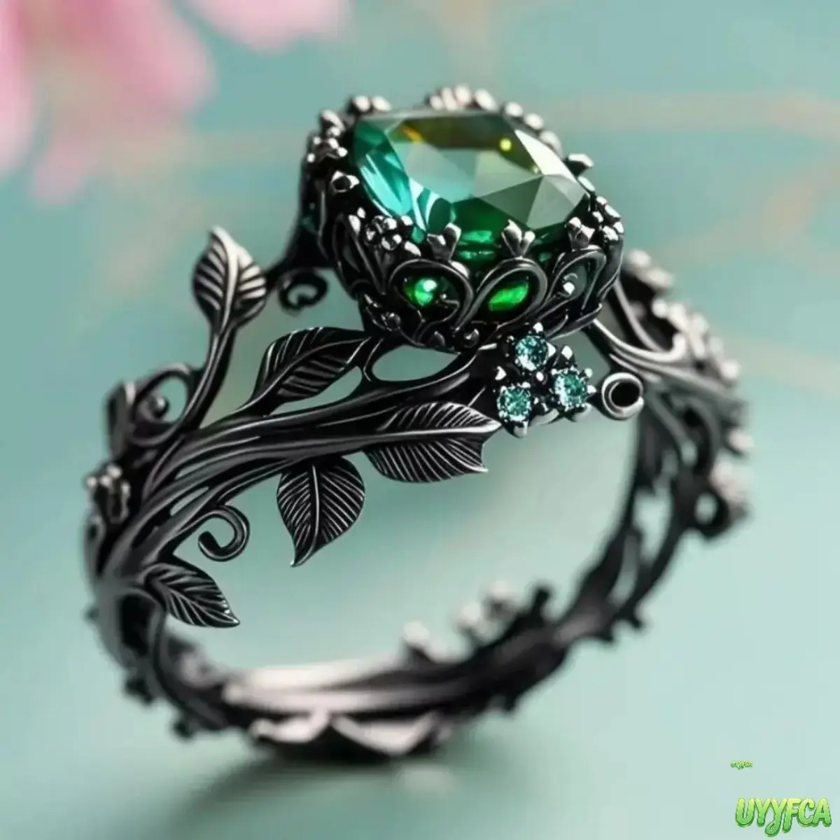 Vintage Leaf Branch Green Emerald Crystal Ring for Women, Artisan Openwork Twisted Vine Statement Cocktail Jewelry, Three Tone Metal Hollow Floral Band, Unique Boho Chunky Accessory for Daily Wear, Festival, Party and Holiday Gifting