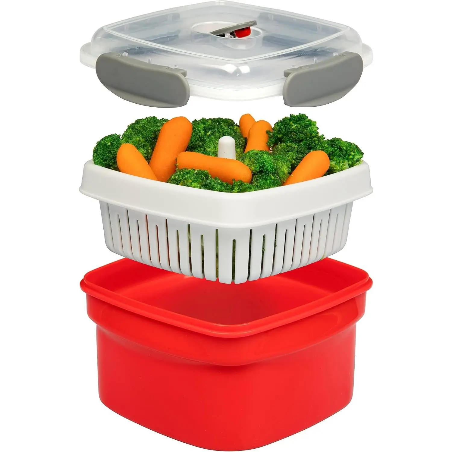 Microwave Food Steamer for Vegetables - 3 PC Microwavable Cooker with Storage- Cooking Made Easy- Removable Strainer Basket & Locking Steam Vent Lid - BPA Free, Fridge & Freezer Safe | 1.3 Liters