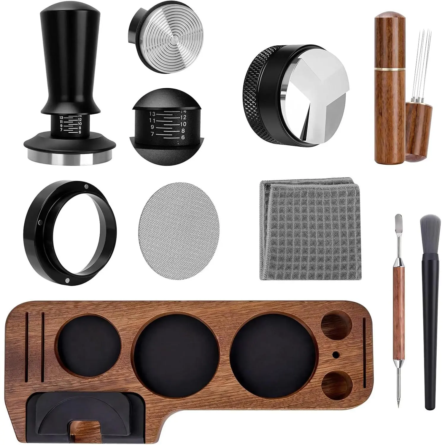 54 mm Precision Stainless Steel Coffee Tool Kit (9-Pack) for Coffee Lovers - Natural Wood Espresso Tamper Station, Distributor, WDT Tool, Magnetic Funnel, Puck Screen, Brush, Latte Art Pen, Microfiber Cleaning Cloth