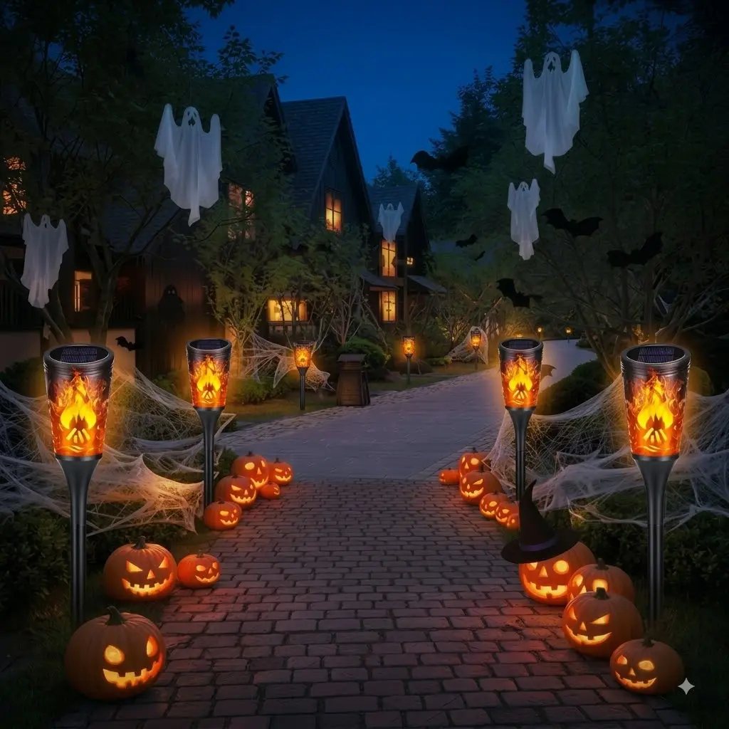 Halloween Decorations: Solar-Powered Outdoor Flame Torch Lights (10-Pack) – IP65 Waterproof, Ground-Insert Style; Suitable for Yards, Gardens, Walkways, Porches, and Halloween Party Decor