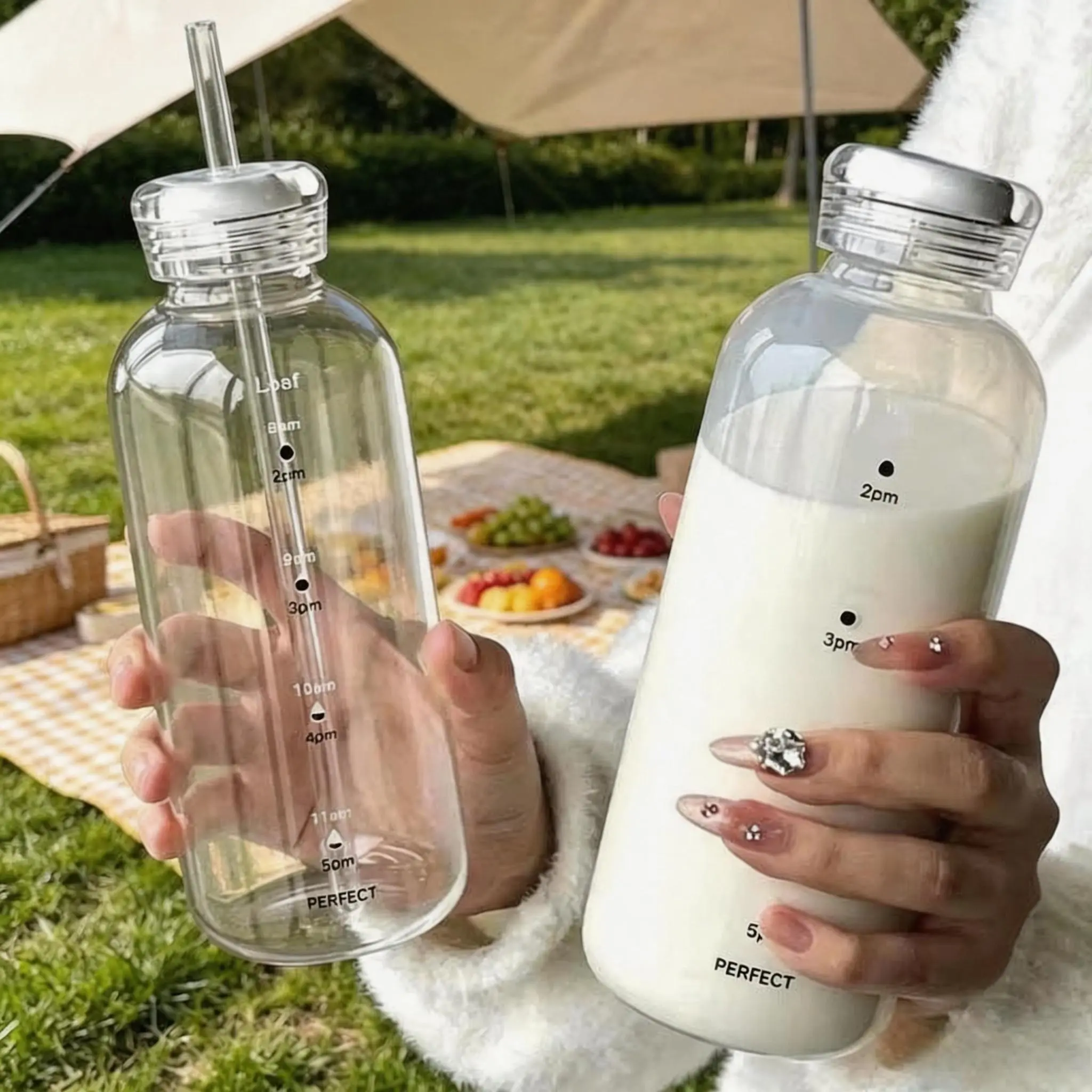 Clear Borosilicate Glass Water Bottle with Time Marker, Wide Mouth Heat Resistant Portable Tumbler Mug, BPA Free Dishwasher Safe,2 Leak Proof Lids and Reusable Straw, Hot & Cold Drinks, Elegant Daily Drinkware, Accessory for Home, Office & Outdoor Camping