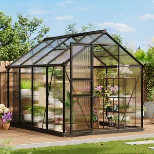 Sturdy Outdoor Greenhouse, 6x8 FT Walk-In Design with Polycarbonate Panels, Aluminum Frame, Sliding Door & Roof Vent, Complete with Ground Stakes for Yard Use