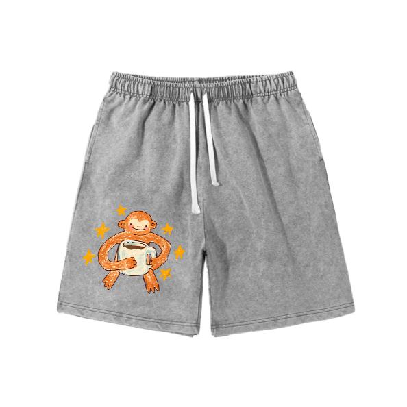Star Monkey unisex retro washed shorts, retro distressed color washed shorts - natural themed men's and women's streetwear Valentine's Day gifts-men’s shorts