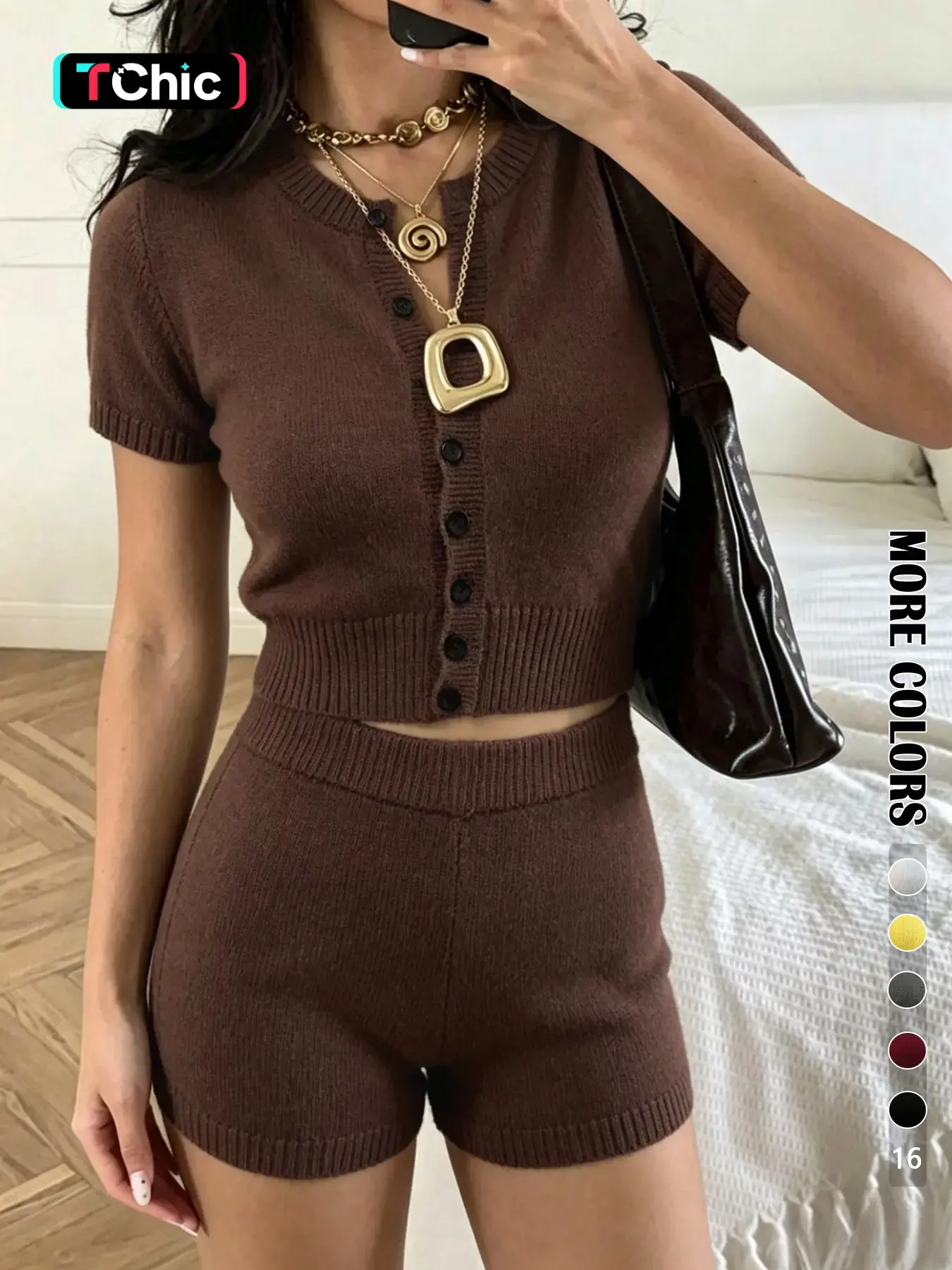 Two-Piece Set Elegant Button Short Sleeve Crop Top and Plain Shorts, Slim Fit Knit for Summer and Autumn, Fashionable Chic Casual Women's Clothing