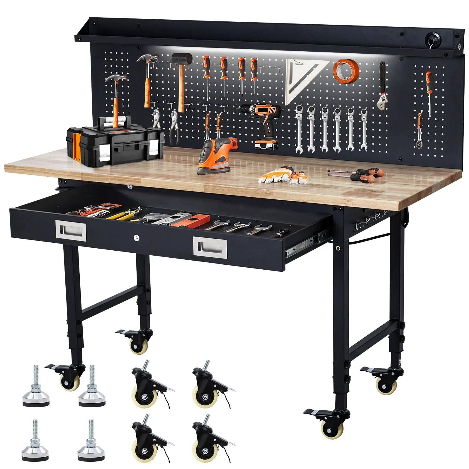 Adjustable Height Garage Workbench 60-Inch – Heavy-Duty Steel Frame, Rubberwood Top, Pegboard, Drawer, Power Outlets – 2000lbs Load – Mobile Work Table for Workshop, Home, Office Tool Storage