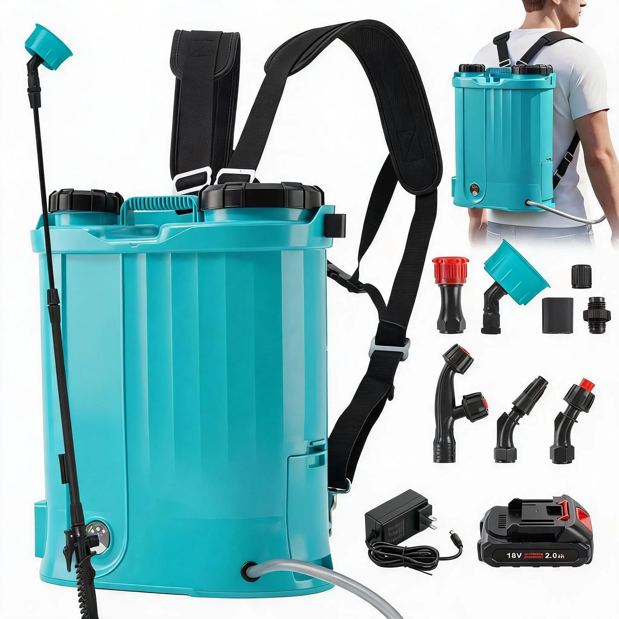 4.23 Gallon Battery Backpack Sprayer, 18V Electric Garden Sprayer. Adjustable 0-65 PSI, 5 Brass Nozzles. For Weed Killer, Fertilizer, Lawn Care. Cordless, Ergonomic Straps. Professional Landscaping Tool
