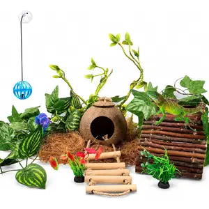 Reptile Terrarium Decor, Artificial Vines with Coconut Shell Hideout & Ladder, Tank Ornament for Gecko, Lizard, Chameleon, Snake and Tortoise