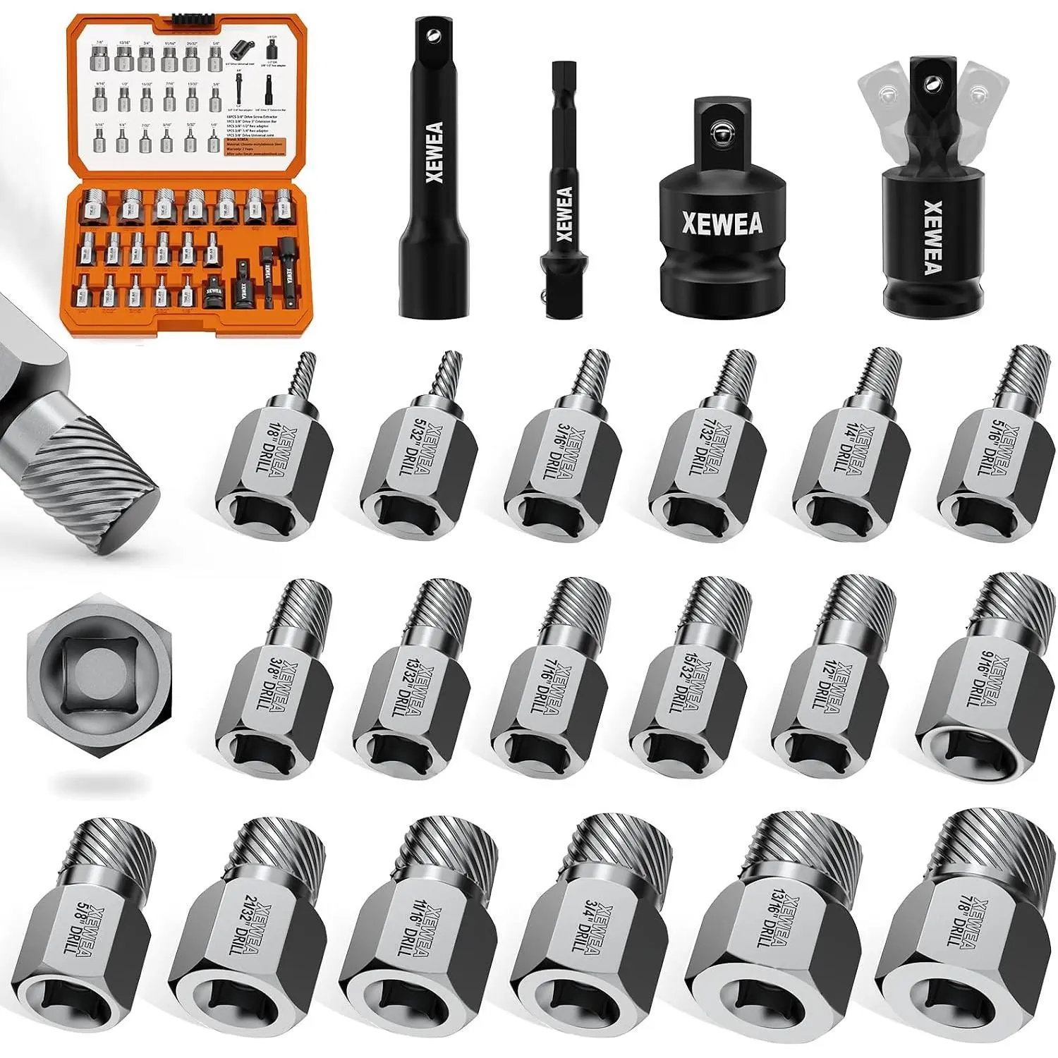 22PCS 3/8" Drive Screw Extractor Set, Bolt Remover Kit| Multi-Spline Easy Out for Stripped Broken, Nuts & Screws,-Duty CR-MO Extraction with Extension & Adapter