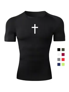 Sporty Men's Cross Print Round Neck Raglan Sleeve Sports Tee, Quick Drying Breathable Short Sleeve Crew Neck T-Shirt for Gym Workout Running, Casual Sporty Summer Top for Men, Athletic Compression Tee