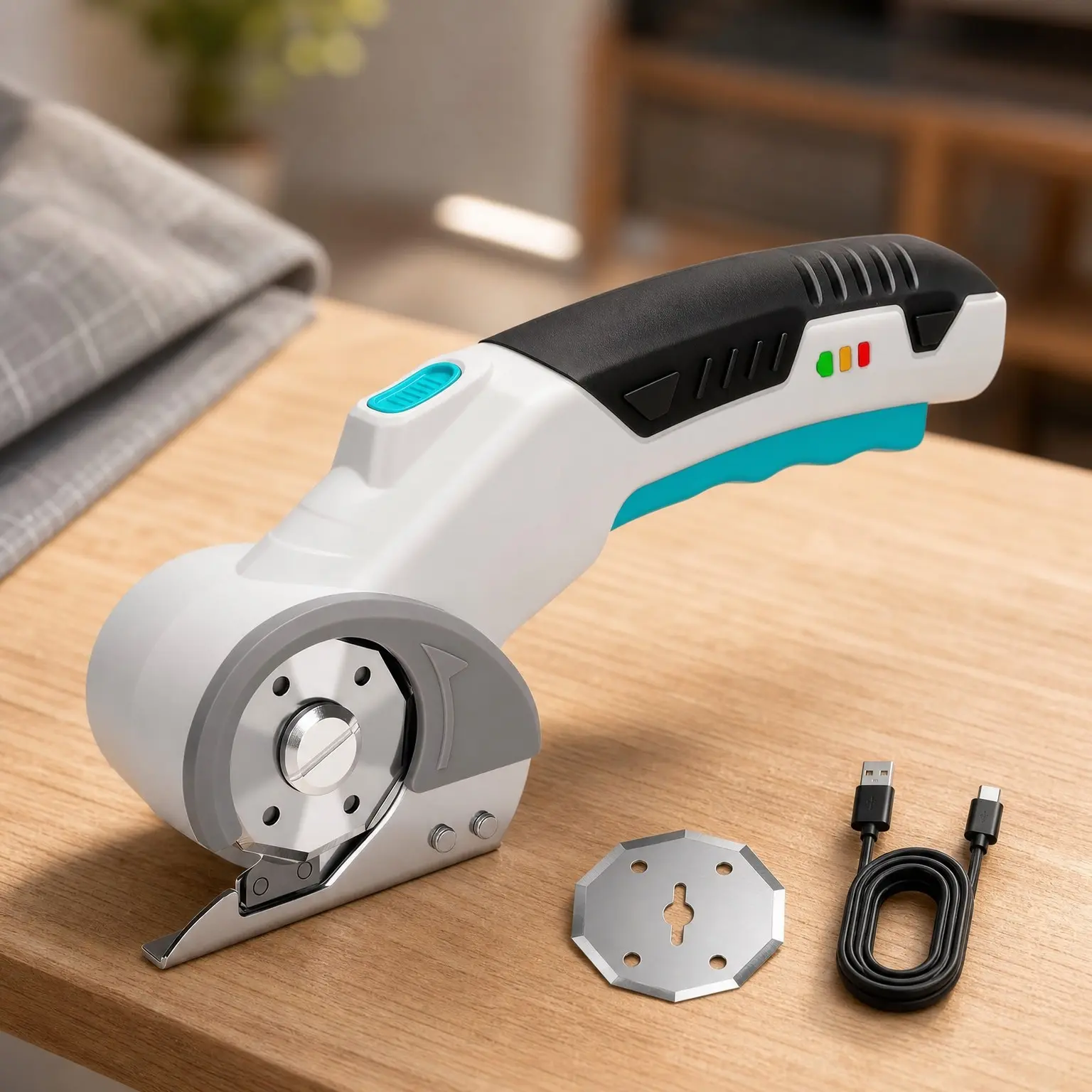 4V Cordless Electric Scissors, Rechargeable Rotary Box Cutter with Safety Lock, LED Light & Replacement Blade for Fabric, Leather, Carpet, Cardboard & Plastic, White/Blue
