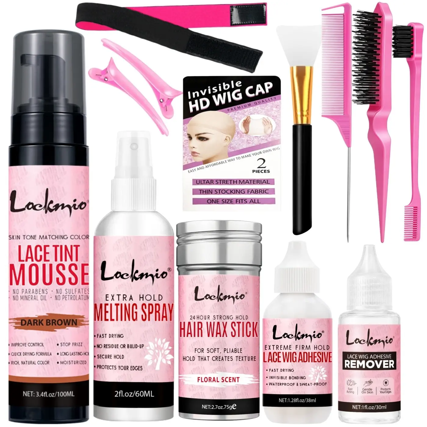 13Pcs Wig Install Styling Kit Lace Tint Mousse, Lace Melting Spray for Wigs Wig Glue & Remover, Edge Control Wax Stick, Silicone Brush, Rat Tail Comb, Edge Brush, HD Lace Cap for Secure Wig Edge Hold