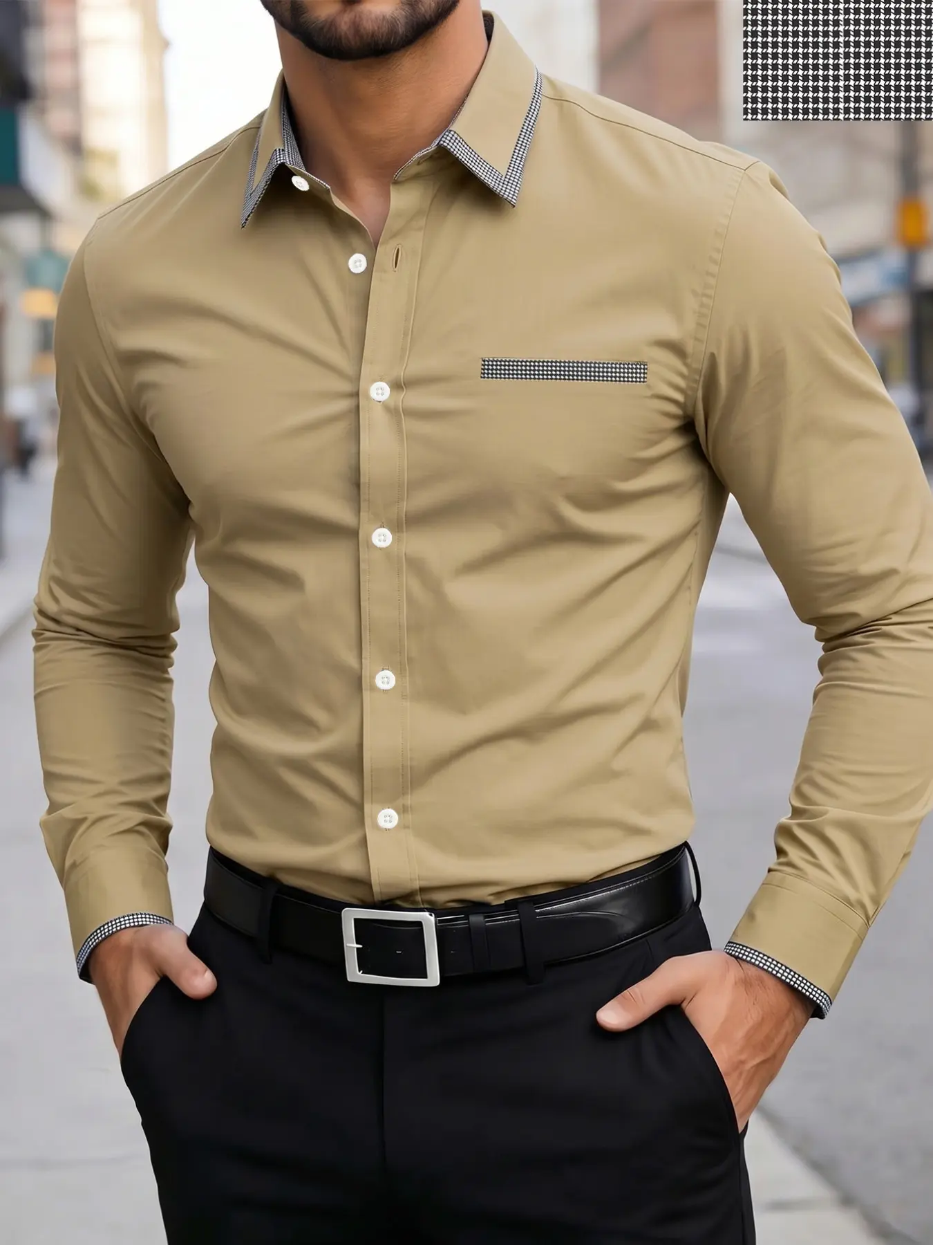 New Men's Shirt, High-End Houndstooth Collar Slim Fit Business Casual Long Sleeve, Business Dress Shirts, All Seasons Fashion Top, Casual Business Style
