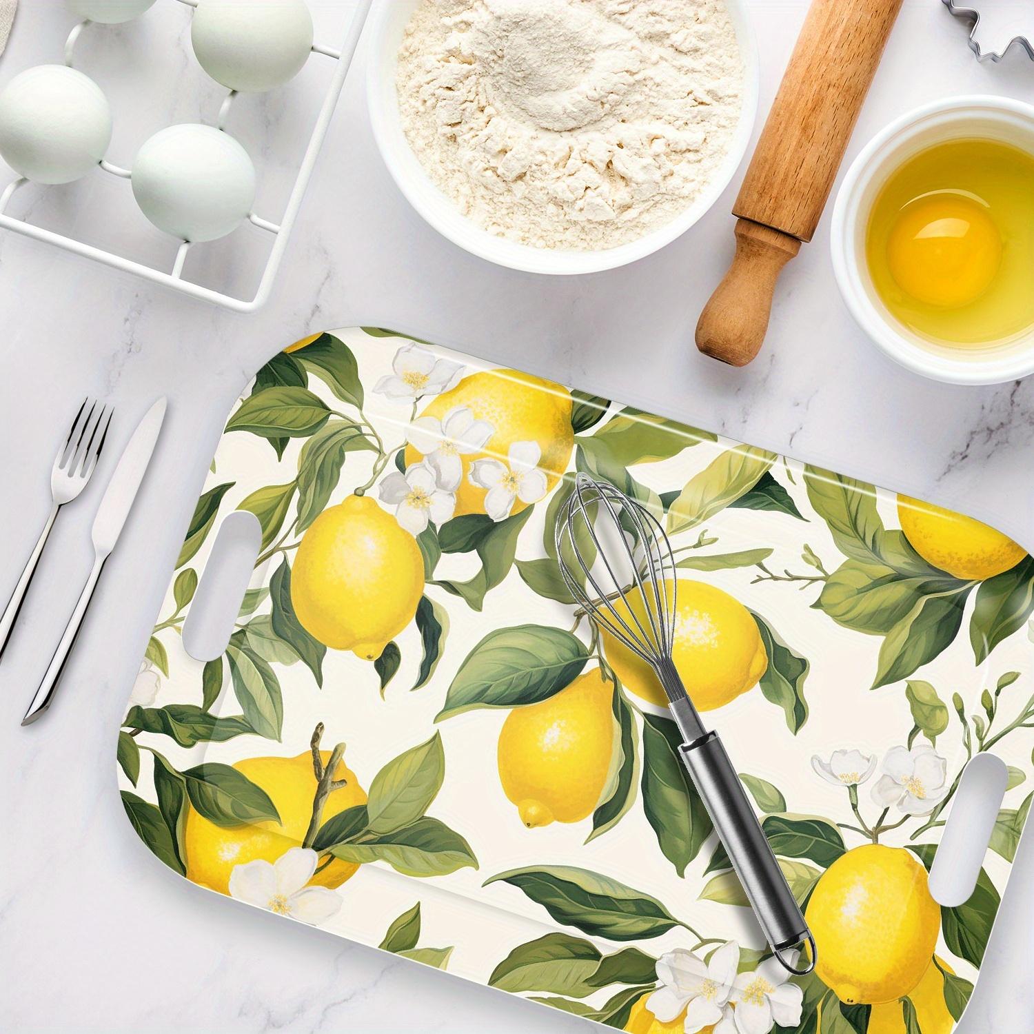 Modern Lemon Pattern Serving Tray - Lightweight & Easy-Clean Rectangular Snack Tray with Grip Handles, Sturdy Melamine for Kitchen, Dining, Parties - Lemon Tree Leaves Decor in Yellow, Green, White - Home Decor Centerpiece, Dining Table Acce Plates