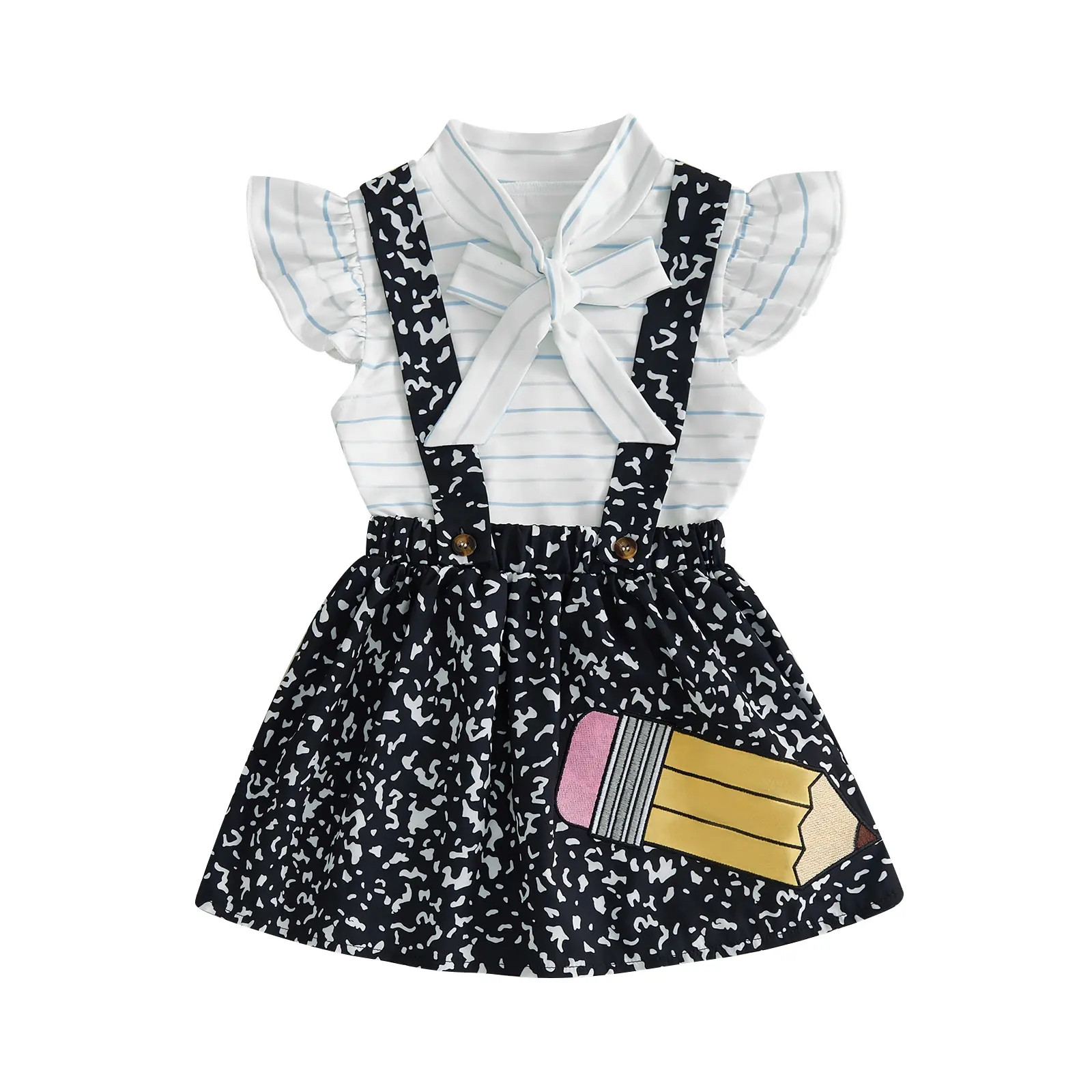 Toddler Baby Little Girl Back to School Outfit Lined Paper Stripe Print Tie Neck Flying Sleeve Tops and Pencil Pattern Overall Skirt 2-8 Years