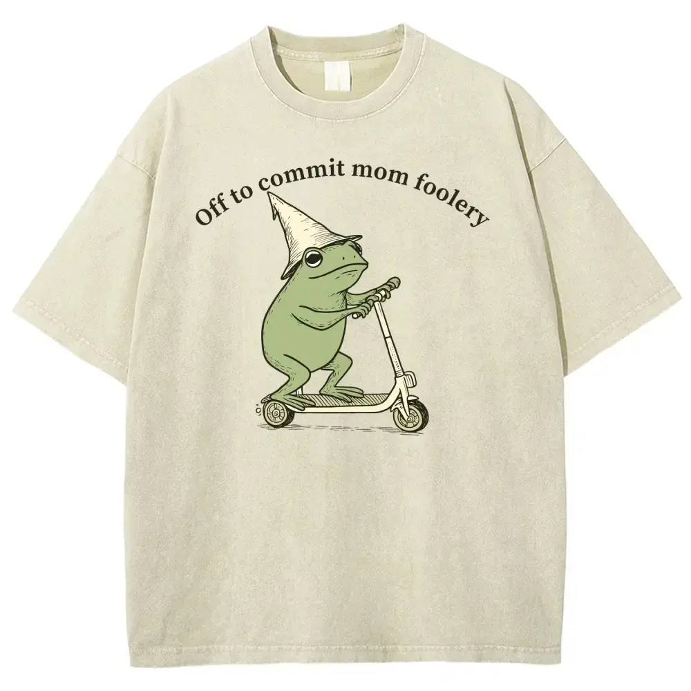 Funny Mom T-Shirt, "Off To Commit Mom Foolery" Frog Graphic Tee, Cute Mother's Day Gift Shirt, Washed Casual Short Sleeve Top