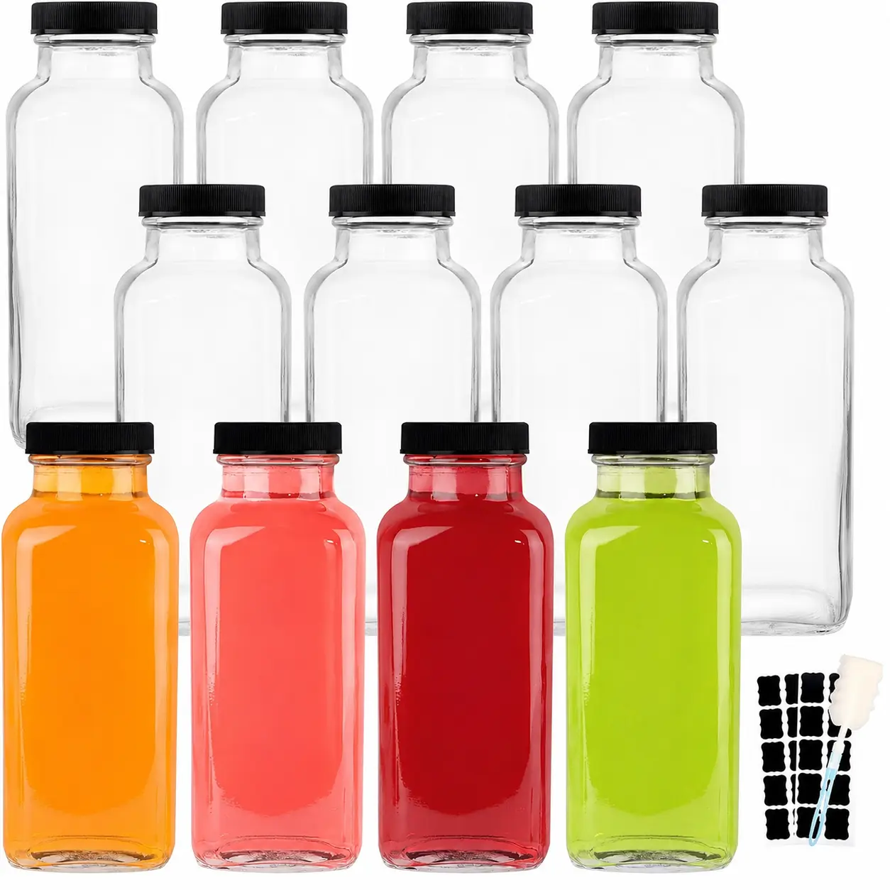 12-Pack 12 oz (360ml) Reusable Glass Beverage Bottles with Lids - Kitchen Drinkware Set for Juice, Water, Meal Prep; Compatible with Brushes, Lunch Bags, Fridge Storage