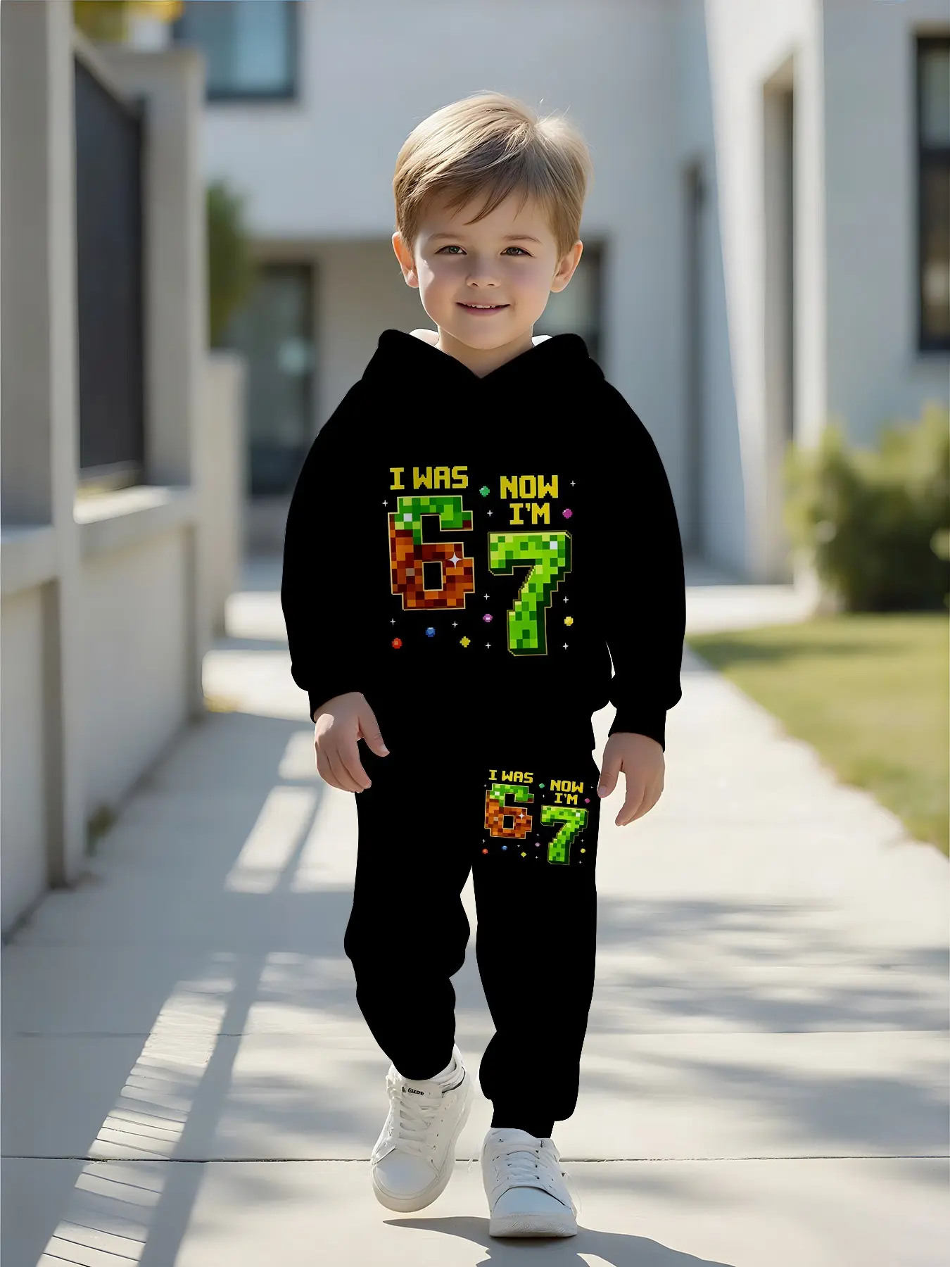 Boys' Retro Pixel Game Set, Base Graduated Text Full Print Sweatshirt & Pants, Casual Fall Winter, Birthday Gift