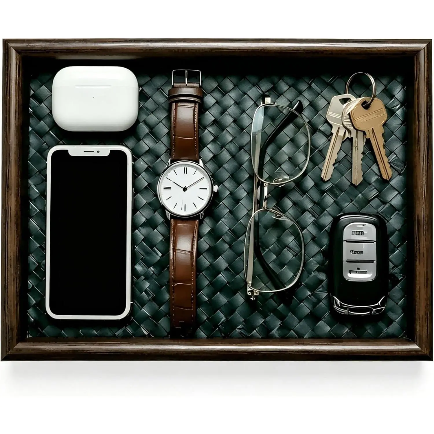 Modern Wood Frame Wooden Valet Tray with Leather Base - EDC Catchall Tray for Men, Home Supplies Organizer for Nightstand, Entryway & Desk to Hold Cologne, Phone, Sunglasses