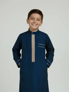 Muslim Boy Blue Thobe Robe, Embroidered Stand Collar Long Sleeve with Side Pockets, Suitable for Ages 8-12, Daily Wear, Eid, Father's Day Gift