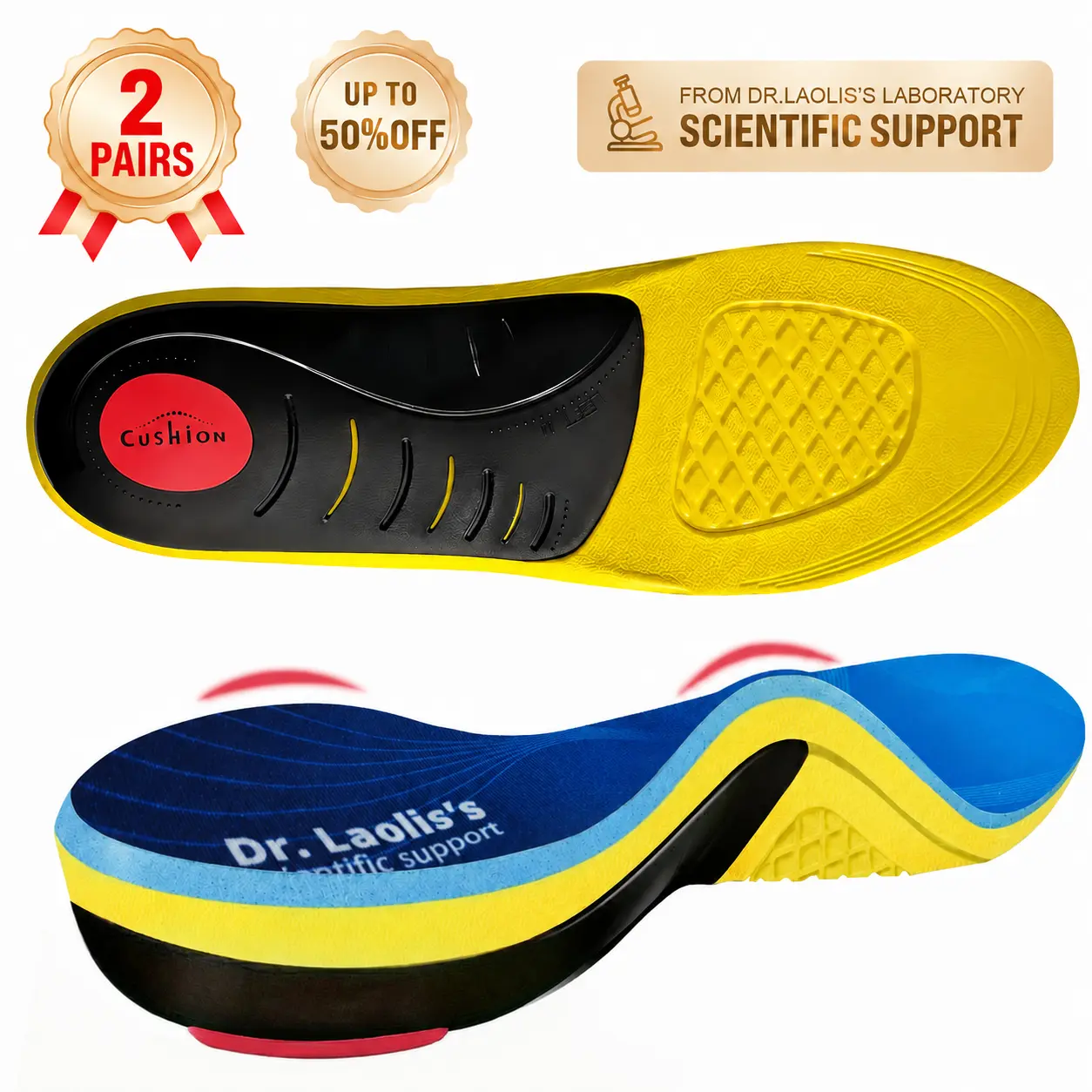 240+ lbs Heavy Duty Orthotic Insoles | Plantar Fasciitis & Flat Feet Arch Support | Anti-Fatigue Shoe Inserts for Work Boots, Athletic Shoes & Standing All Day Relief (Yellow/Blue)