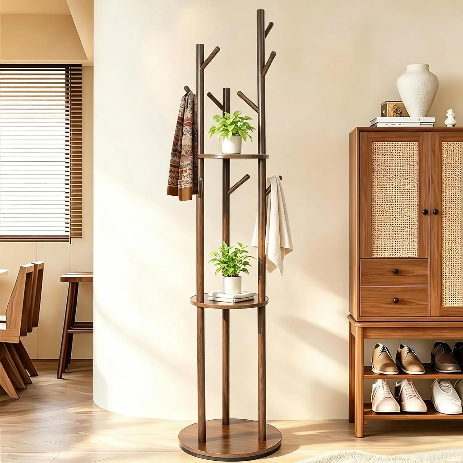 360? Rotating Wooden Coat Rack Freestanding, 9 Hooks & 3 Storage Shelves Entryway Coat Tree, Walnut  Garment Stand for Hat, Scarf, Handbag, Bedroom Hallway  Organizer