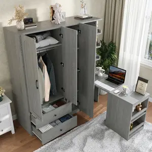 Aobtkel®Multifunctional Wardrobe with 2 Doors and Hanging Rod, Wooden clothes closet with Convertible Desk and Storage Drawers, Multi-storage Spaces, for Bedroom, Cloak Room, Laundry, Gray