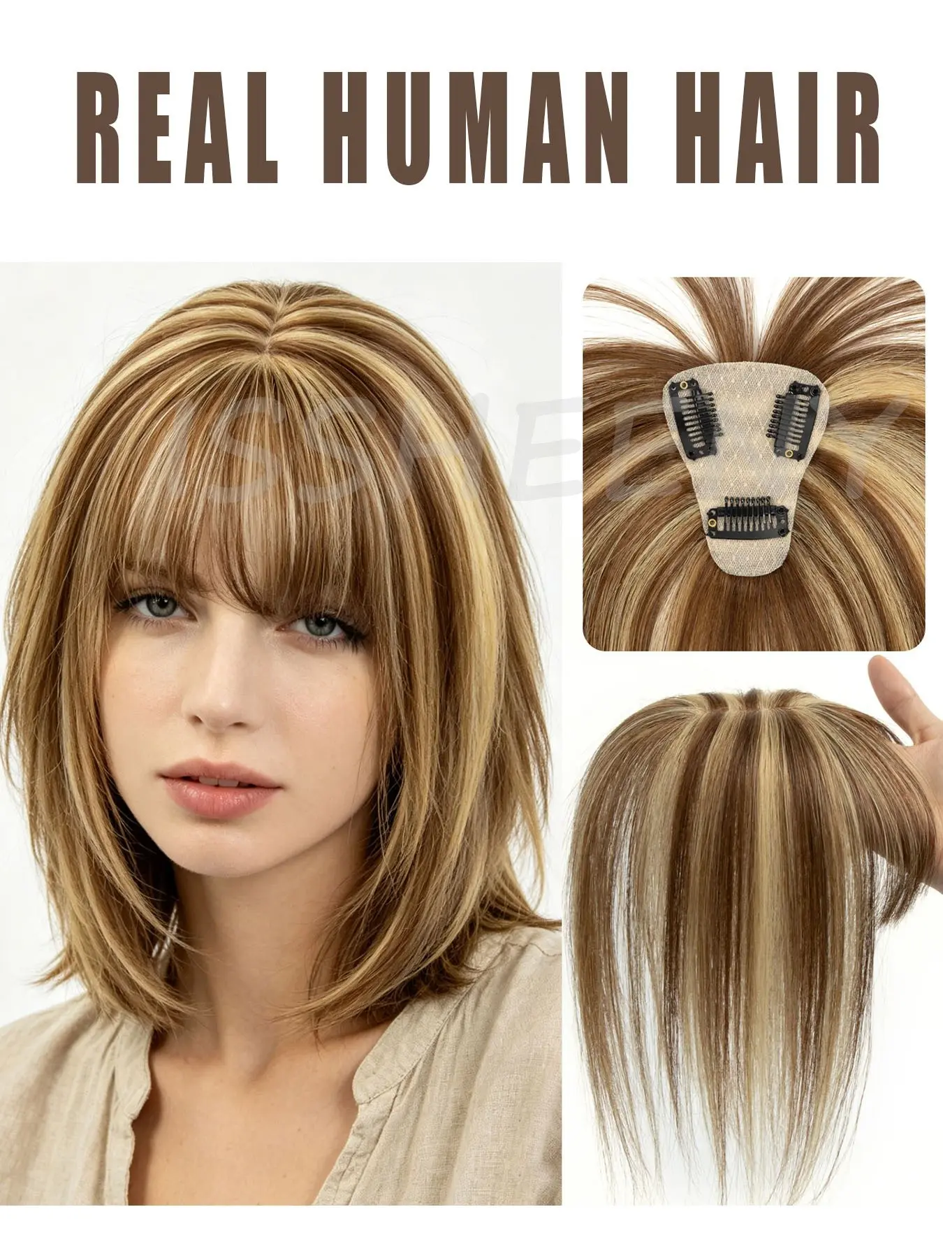 3Clips Hair Toppers for Women Human Hair Clip in Bangs HairToppers for women Wig With Bangs Natural Skin Scalp Thinning or Loss Top Pieces Wiglets wig 360° 3D Topper Updated Base With ThinningHair Cover Gray Roots Add Volume for Halloween Christmas Party