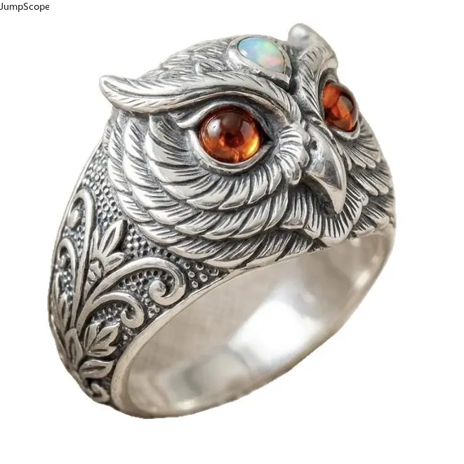 Unisex 3D Sculpted Owl Head Statement Ring - Antiqued Silver-Plated, Amber Eye, Opal Accent, Scroll Leaf Engraved Band for Gothic Street Biker Leisure Wear