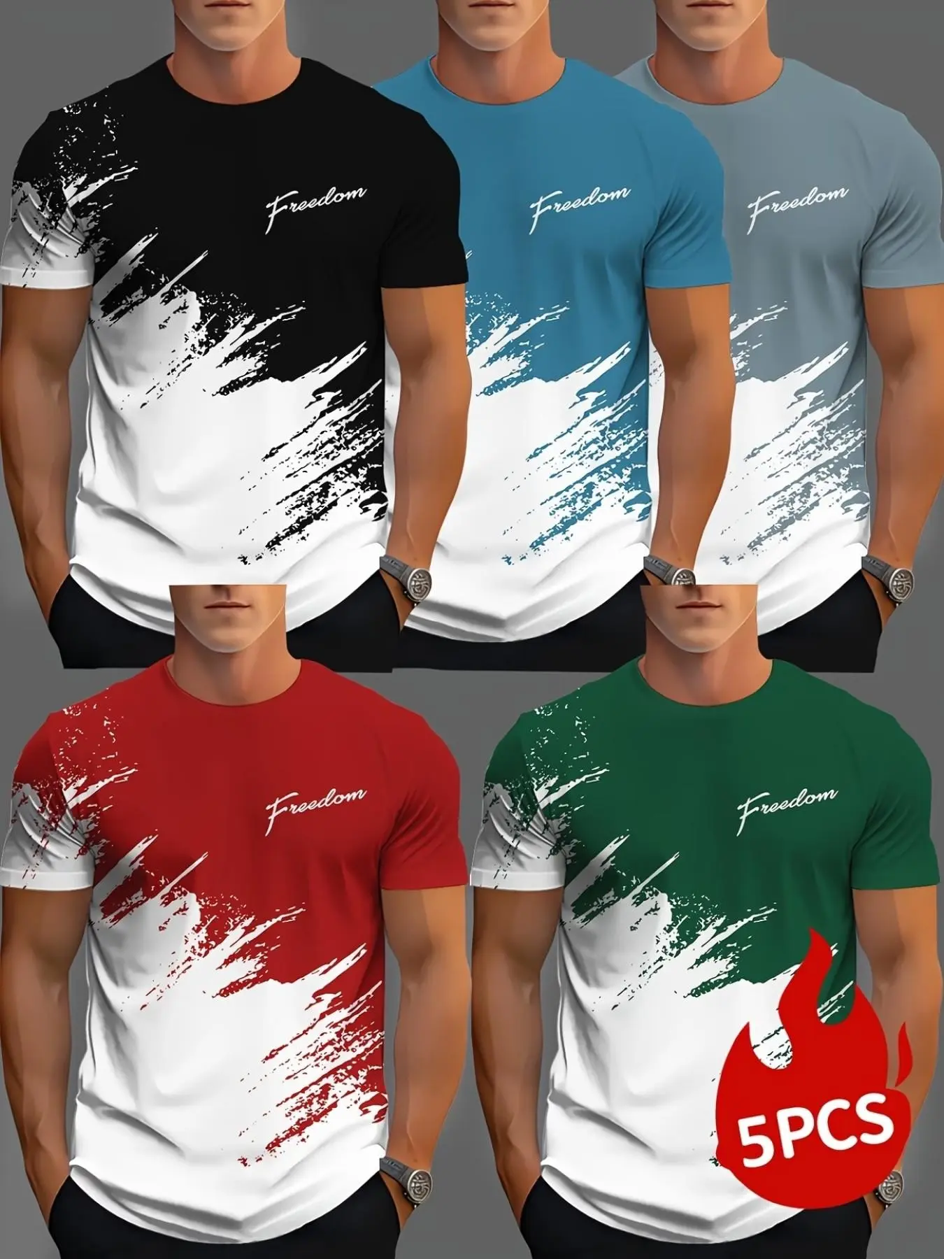 5-Pack Men's Casual Loose-Fit Short Sleeve T-Shirts, All-Over Print, Breathable Summer Tees, Trendy Round Neck, Multi-Colors