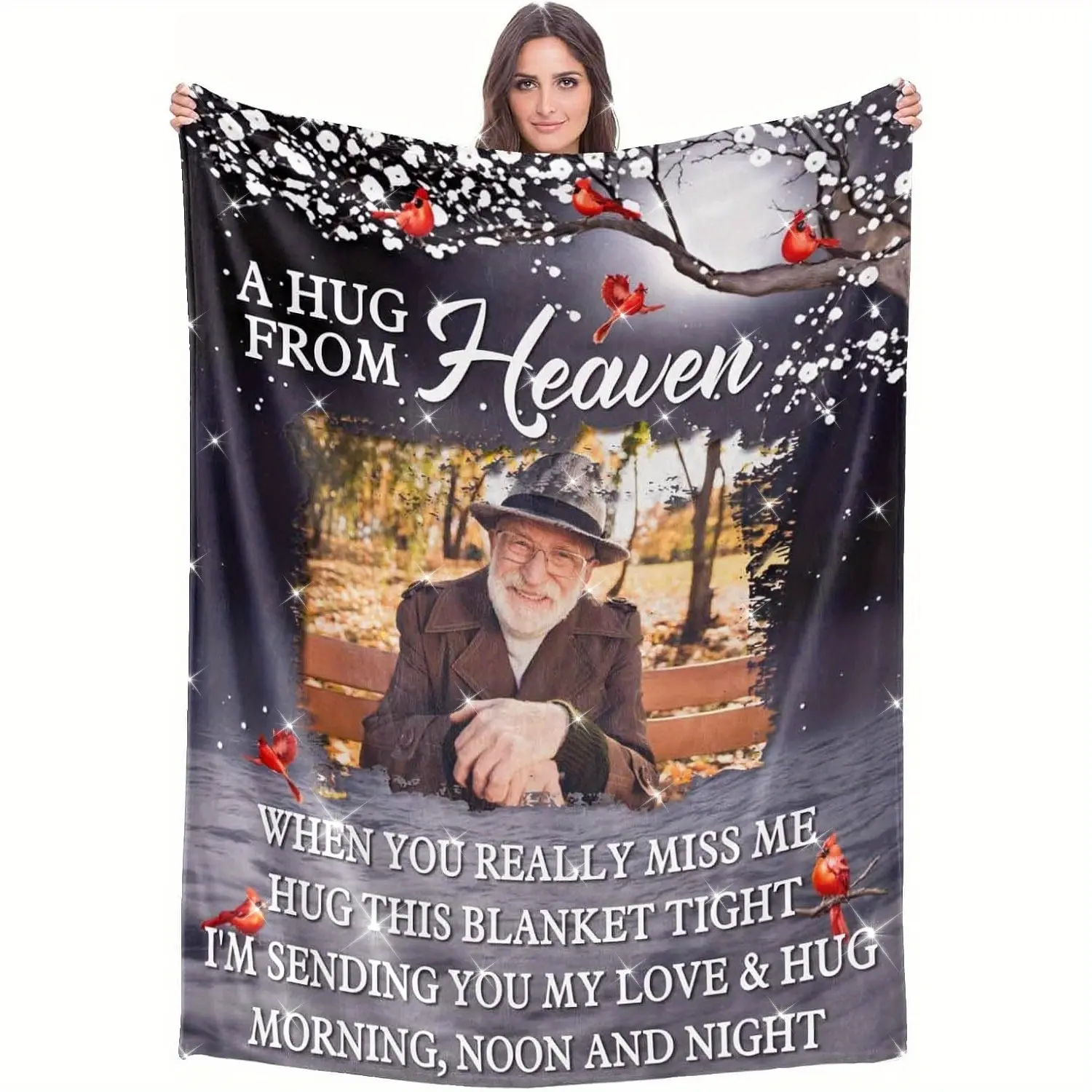 1 piece of personalized photo blanket - featuring the retro paradise theme design with the message "A hug from heaven", made of flannel fabric, comfortable in all seasons, customizable with your photos and options - a memorial gift for loved ones, with wa