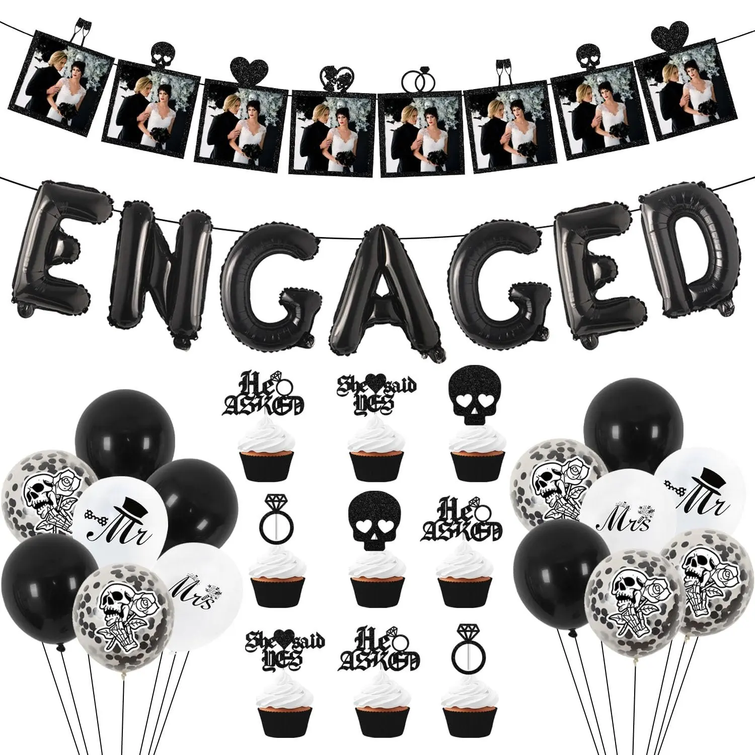 1Set Gothic Engagement Party Decorations Glitter Skull Diamond Ring Photo Banner He Asked She Said Yes Cupcake Toppers Black Engaged Balloon Banner for Wedding Engagement Bridal Shower Party Supplies