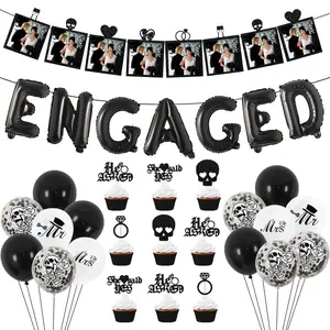 1Set Gothic Engagement Party Decorations Glitter Skull Diamond Ring Photo Banner He Asked She Said Yes Cupcake Toppers Black Engaged Balloon Banner for Wedding Engagement Bridal Shower Party Supplies