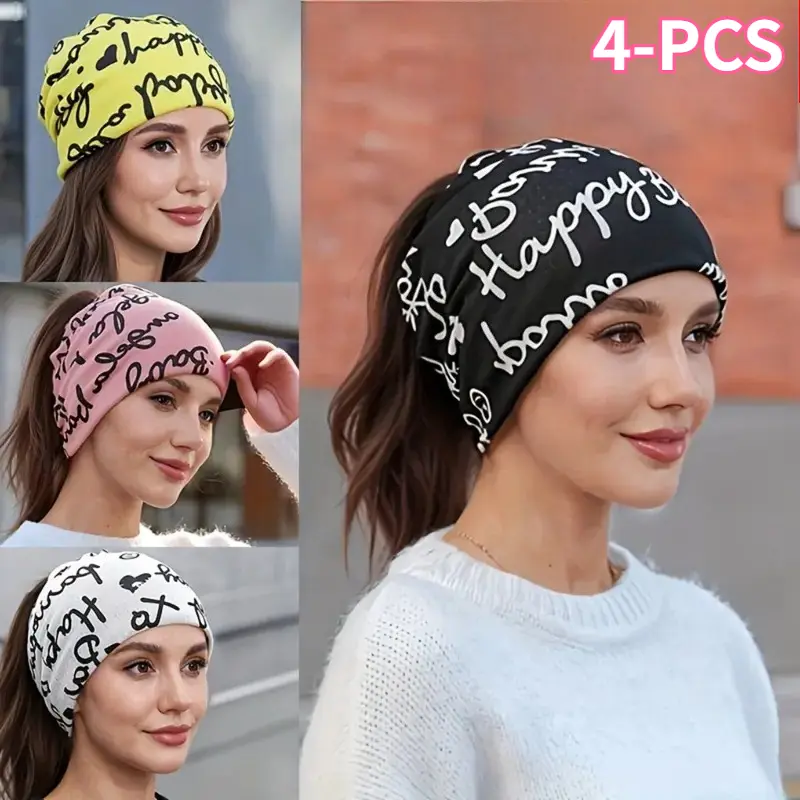 Women's 4pcs Skullcap Set - Autumn Winter Warm Elastic Brimless Beanies, Lightweight Airy Fabric, Elastic Fit Moves With You, Multi-Functional Chemotherapy Cap & Neck Cover, Brimless Cap, Lightweight Fabric Feels Airy All Day, Beanie Neck Wrap, Skullcap S