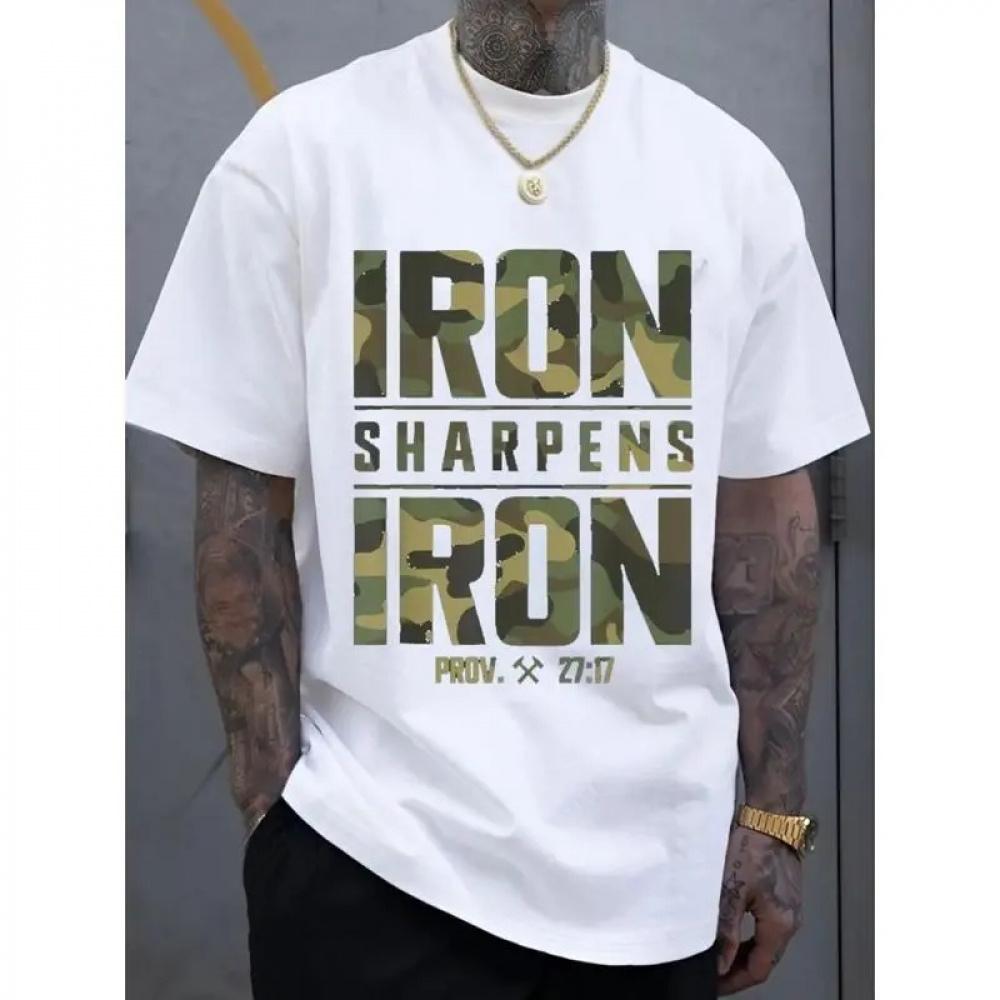 Men's Loose-Fit Printed T-Shirt - "Sharpen the axe" and Proverbs 27:17 Bible Verse design, geometric print casual street style T-shirt, breathable summer top, machine washable, summer fashion|     Durable fabric