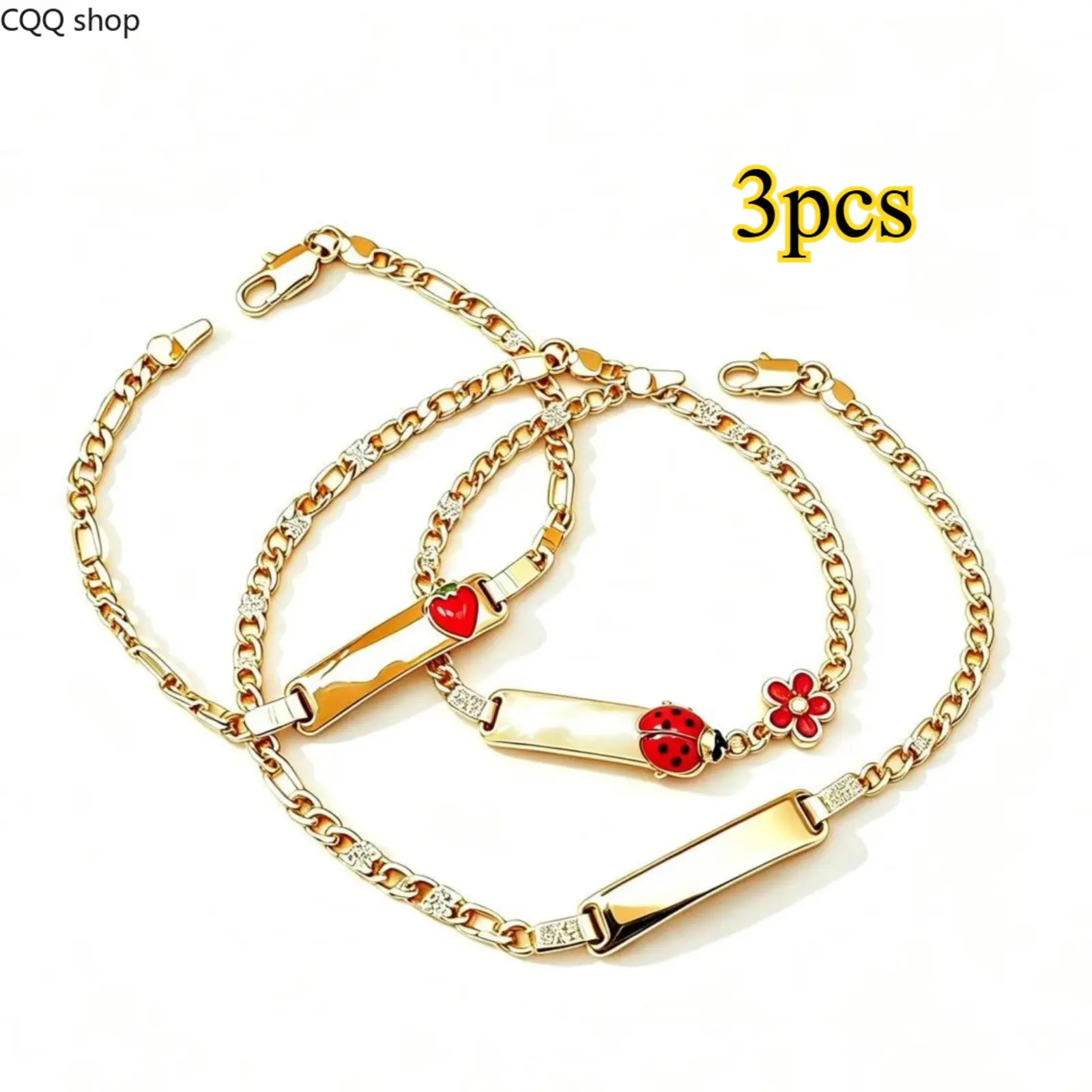 3Pcs Curved Bar Curb Chain Bracelet Set, Cute Strawberry Ladybug Flower Charm Gold Wrist Jewelry, Minimal Stackable Unisex Bracelets Gift for Couple Daily Matching