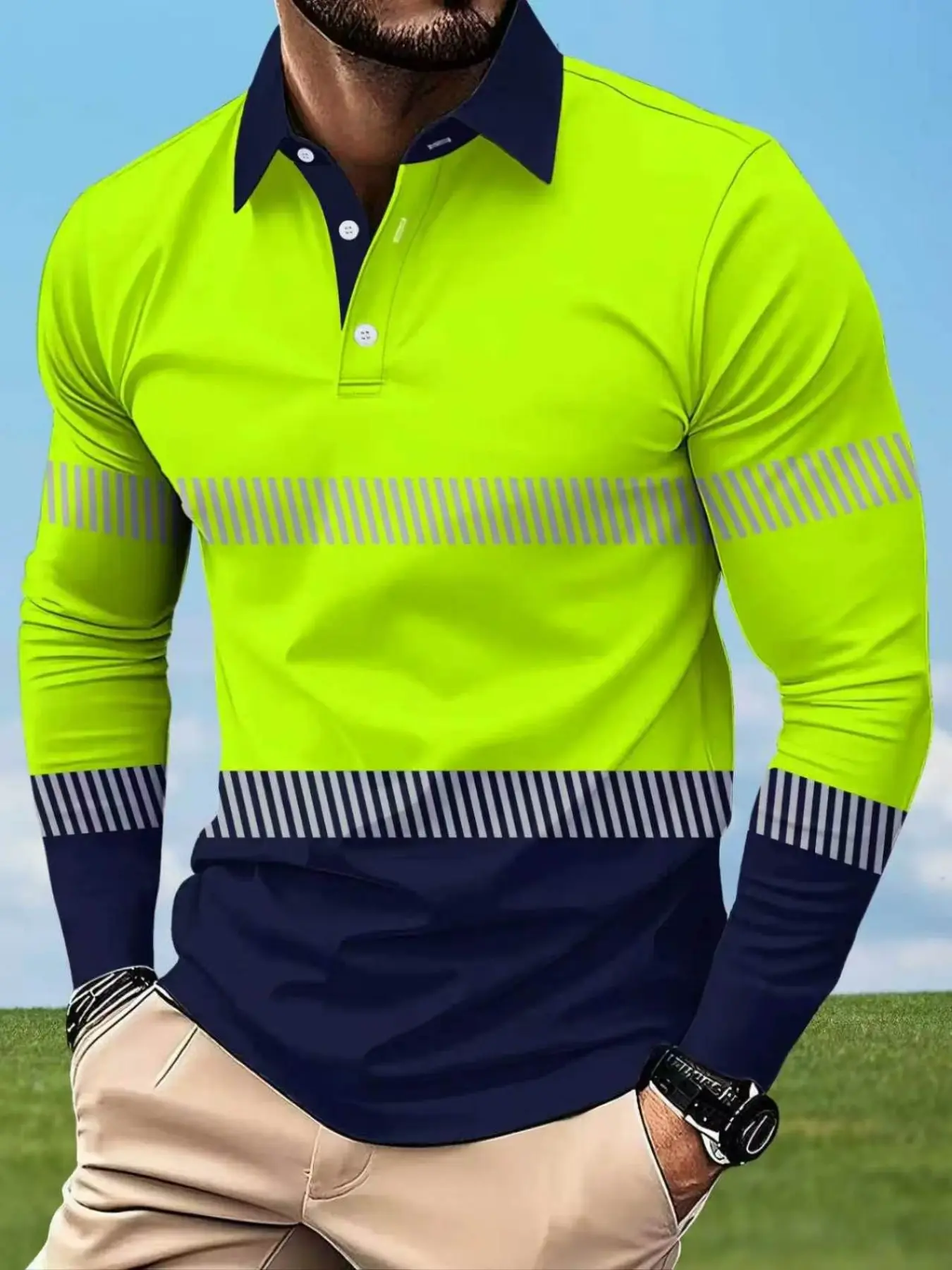 Men's Reflective Stripe Work Polo Shirt, Safety Warning Short Sleeve Top, High Visibility Design, Breathable Comfort, Construction Uniform, Athletic, Activewear, Sportswear, Long Sleeve