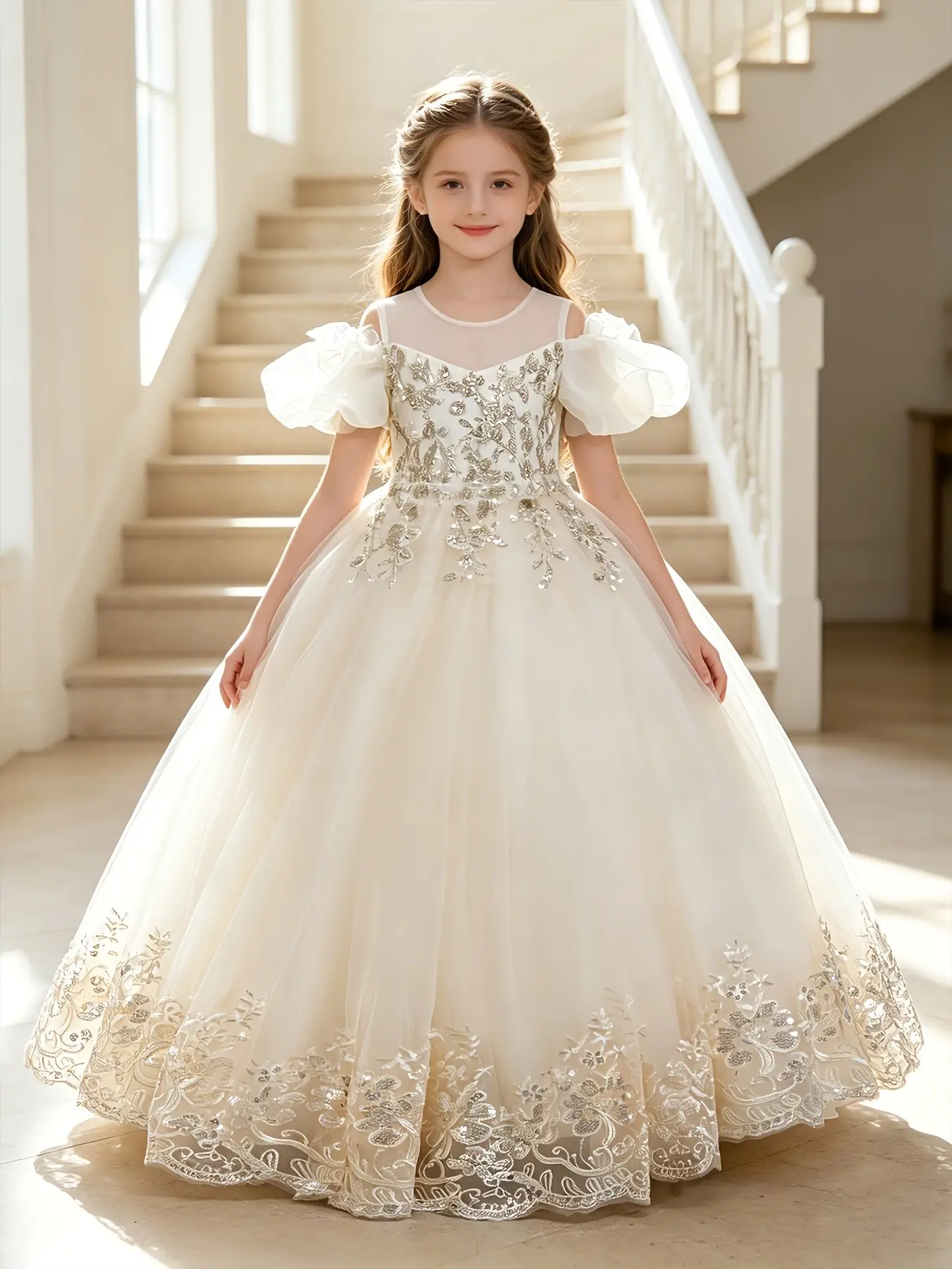 French Style Elegance Girls' Wedding Dress, Bubble Net A-Line Long Formal Gown, Perfect for Weddings, Graduations, Performances, Elegant Round Neck Zipper Design