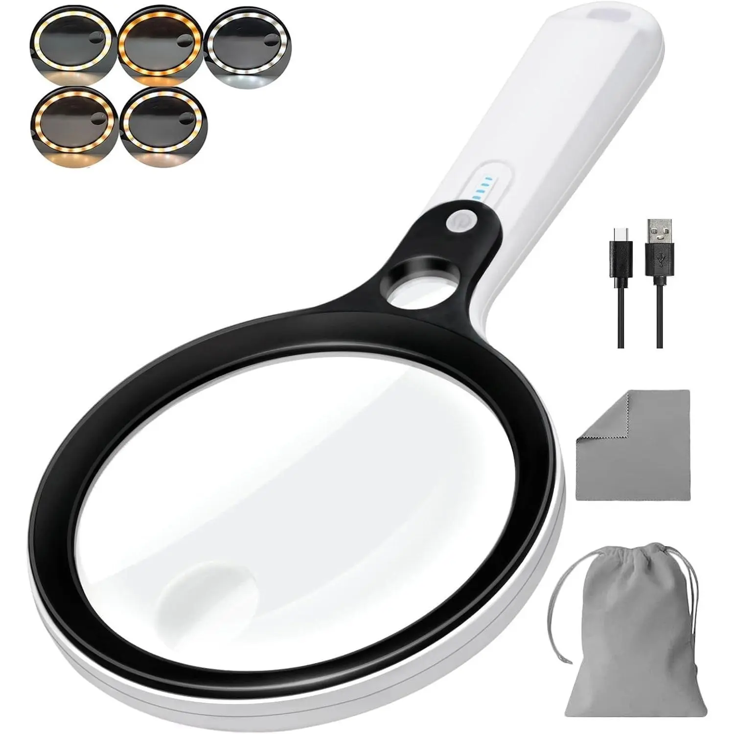 Rechargeable Handheld Magnifying Glass with 48 LED Lights, 10X-20X-45X Magnification, 5 Light Modes – Illuminated Reading Aid for Seniors, Black & White