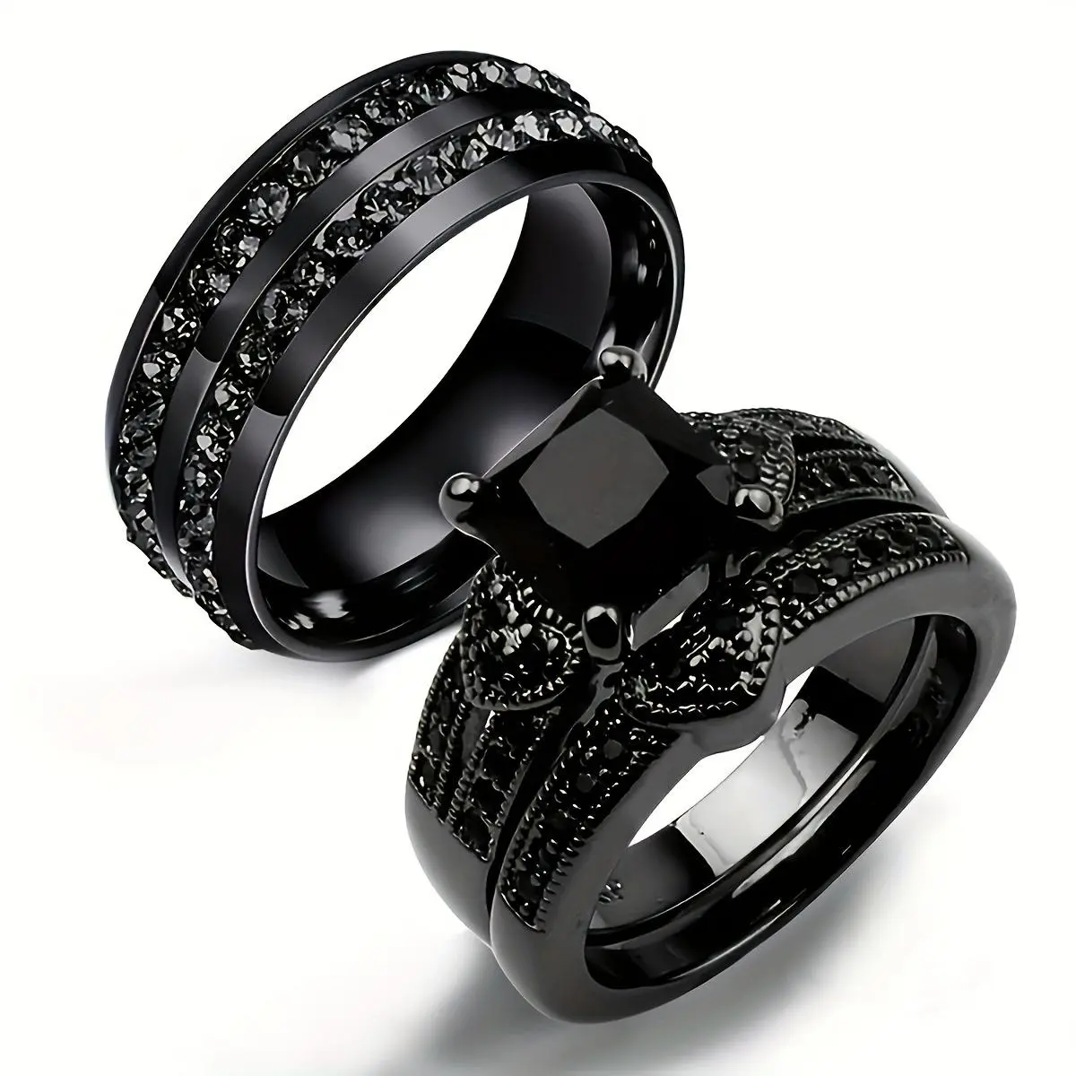 Couple Ring Set, Princess Cut Stainless Steel Dark Aesthetic Rings, Women's Black Stone Stackable & Men's Paved Wedding Bands, Elegant Fashion Rings, Fashion Stackable Rings