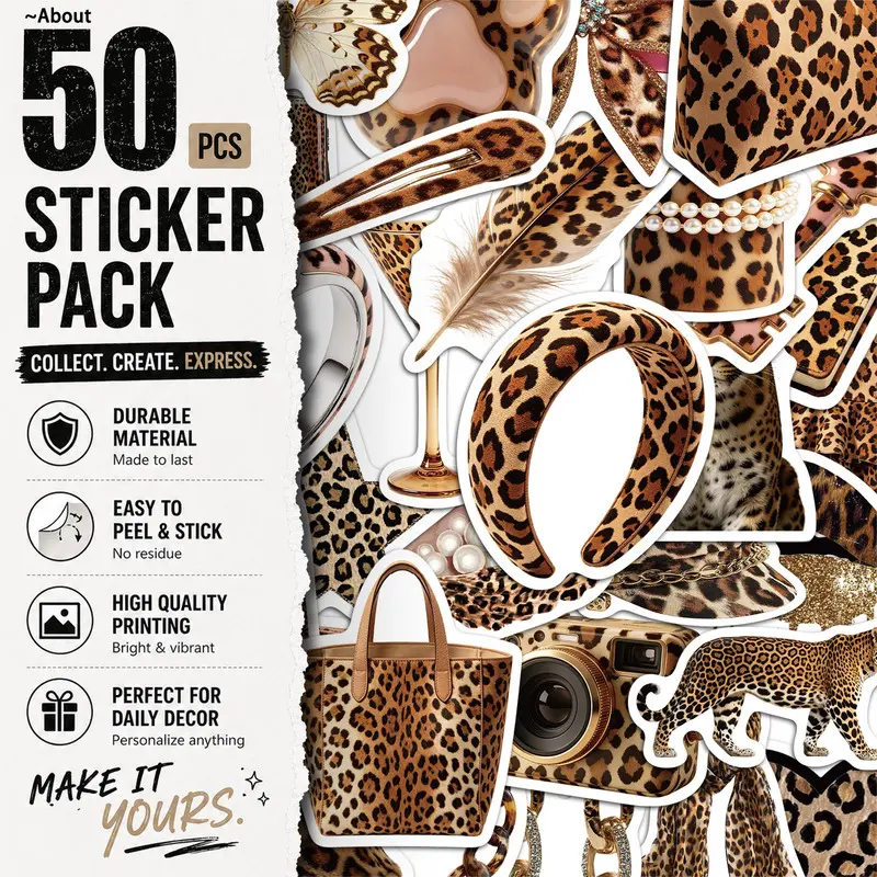 50PCS Brown Leopard Y2K Aesthetic Vinyl Stickers Pack for Laptop Water Bottle Phone Case Skateboard Journal Scrapbook DIY Decoration