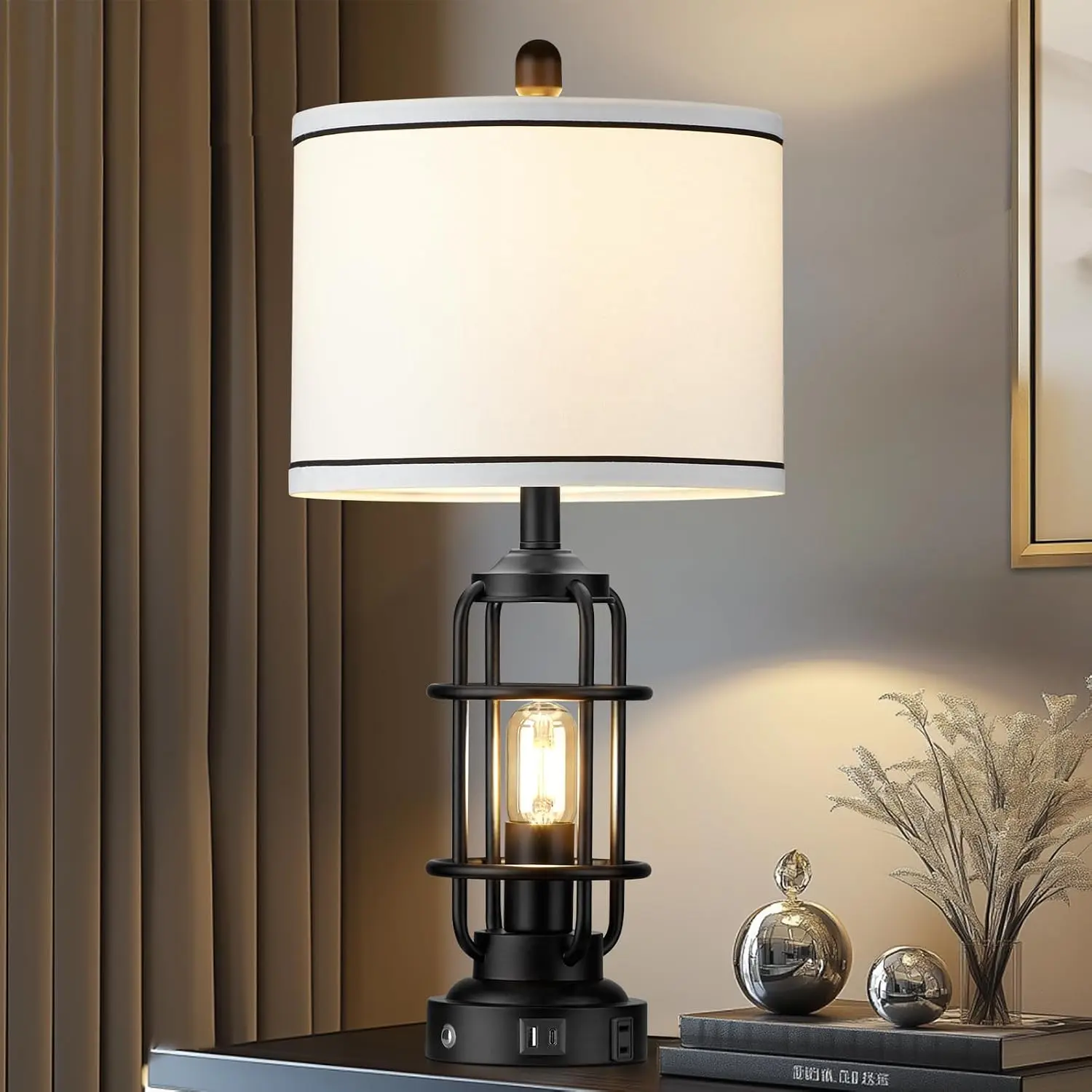 26" Modern Lamp for Living Room, Industrial 3-Way Dimmable Beside Table Lamp with USB A+C Charging Ports & AC Outlet, Touch Control Beside Lamp LED Night Light for Bedroom Single(2 Bulbs Included)