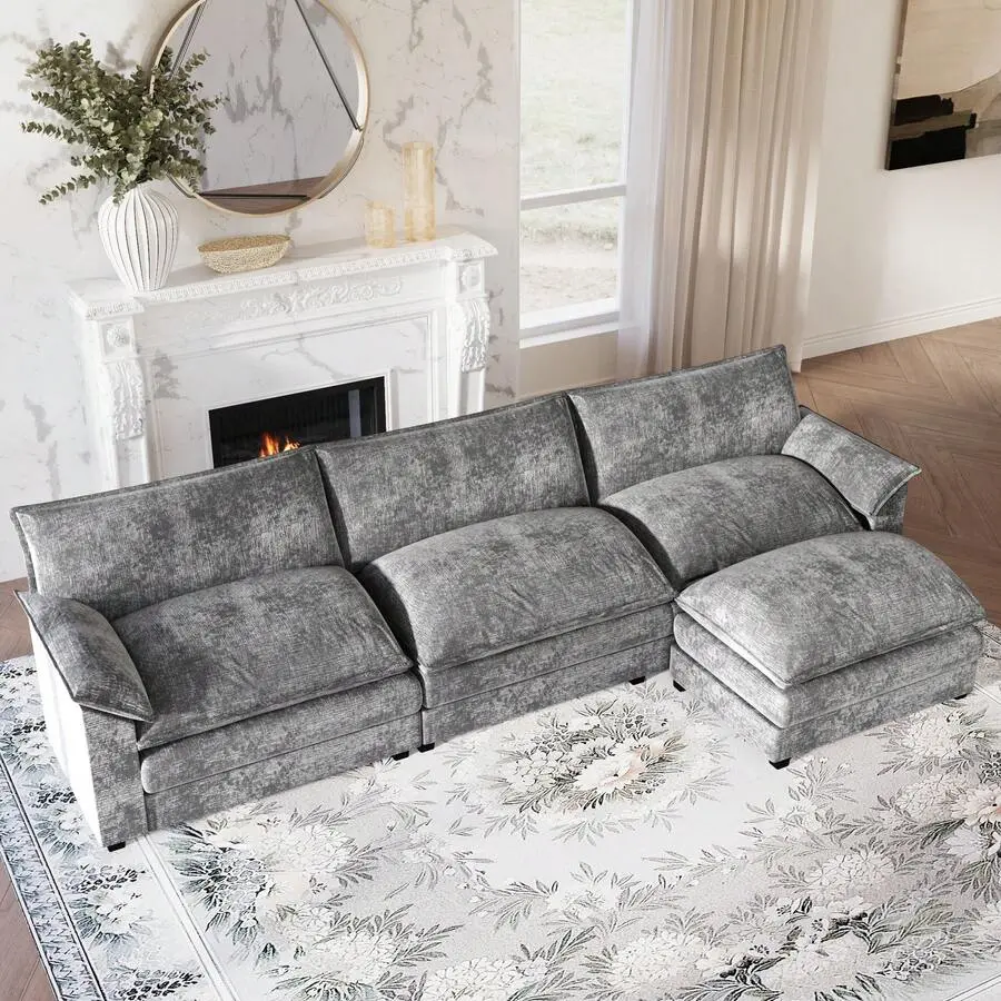 L-Shaped Modular Sofa In Chenille, Four-Seater Modular Sofa, Comfortable Living Room/Bedroom/Apartment
