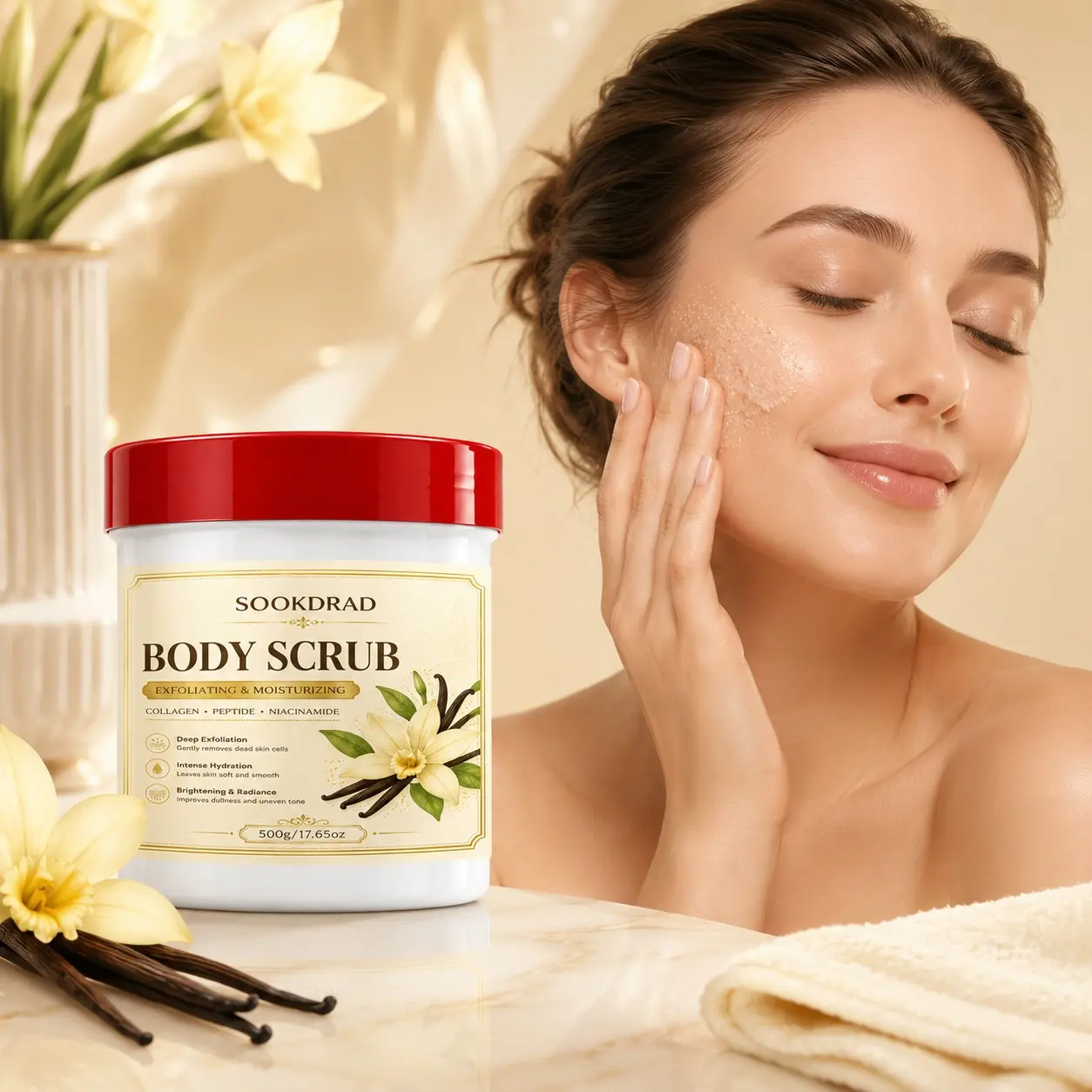 Vanilla Body Scrub, Deep Exfoliation, Intense Hydration, Collagen, Peptide, Niacinamide, Brightening, Radiance, Even Skin Tone, Soft Smooth Skin, 500g/17.65oz