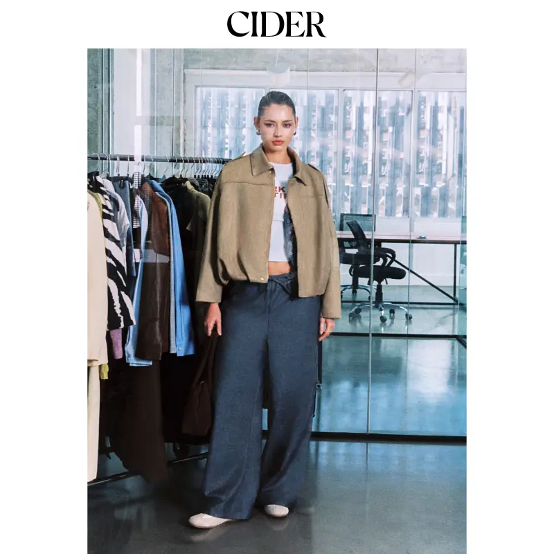 Cider Suede Collar Long Sleeve Zip Through Oversized Jacket SummerFinds