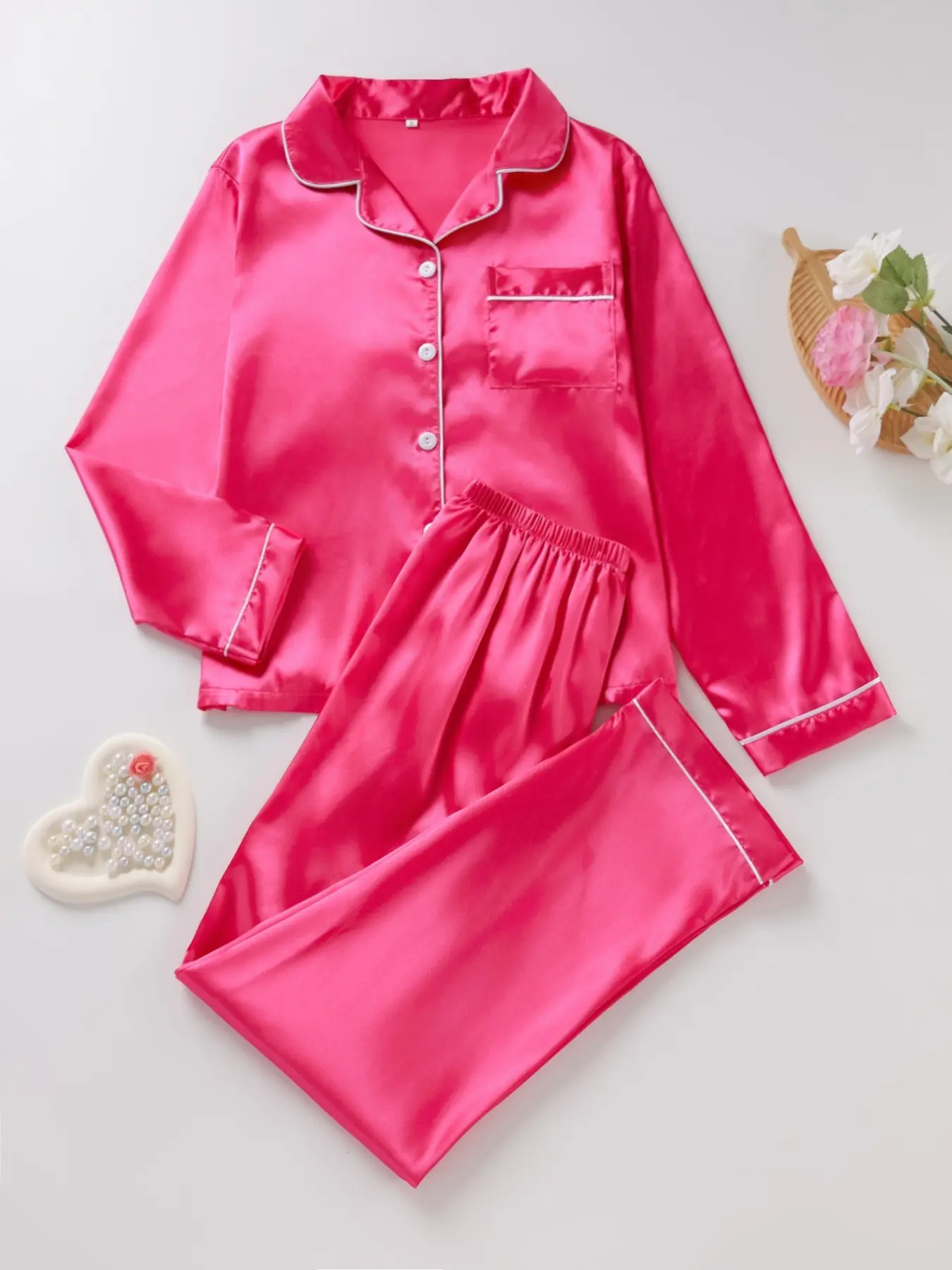 Two-Piece Satin Sleepwear Set, Long Sleeve Fitted Pajamas, Smooth Comfortable Fabric, Elegant Plain Design, All-Season Loungewear Home Wear