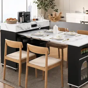 ARCH Extendable Dining Table with Extra-Long Folding Top, Rolling Kitchen Island, Drawers, Power Outlet, Brake Lock & Storage Cabinet, Black-White Marble, 43.5x73.8x37.6in (Indoor Furniture for Kitchen & Dining Room)