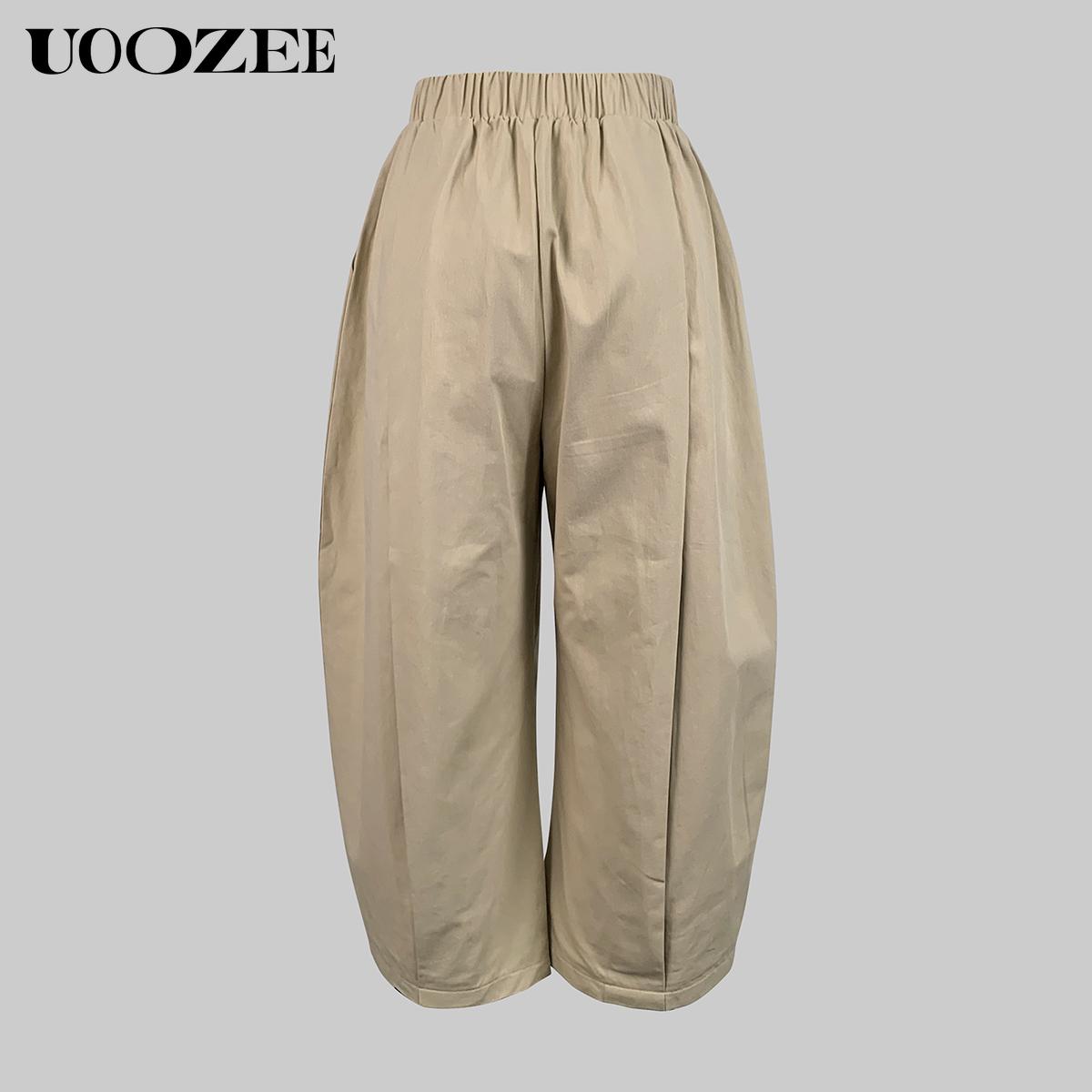 UOOZEE Women's Khaki Loose Multicolor Cropped&Long Trousers 100% Cotton Soft Summer&Autumn/Winter Comfortable Breathable Fabric Elastic Waistband Lantern Pants with Pockets Casual Style Bottoms Outfit Minimalist Spring Basic teacher outfits